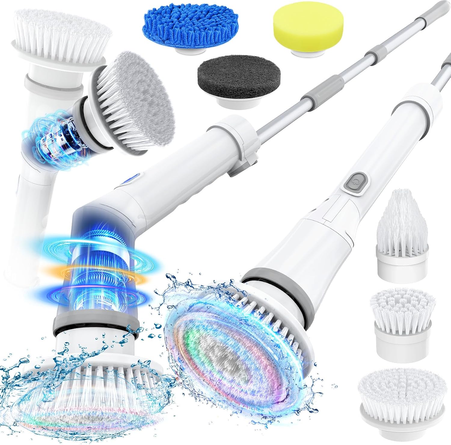 Electric Spin Scrubber, Cordless Shower Spin Scrubber with Dual Speed, 6 Replacement Brush Heads & Adjustable Extension Arm, 2H Bathroom Scrubber