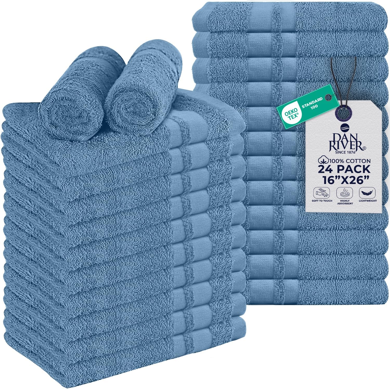 DAN RIVER 100% Cotton Salon Towels Set – 16x26 inches, Pack of 24, Highly Absorbent and Quick-Dry Towels for Hand, Salon, Spa, Beauty