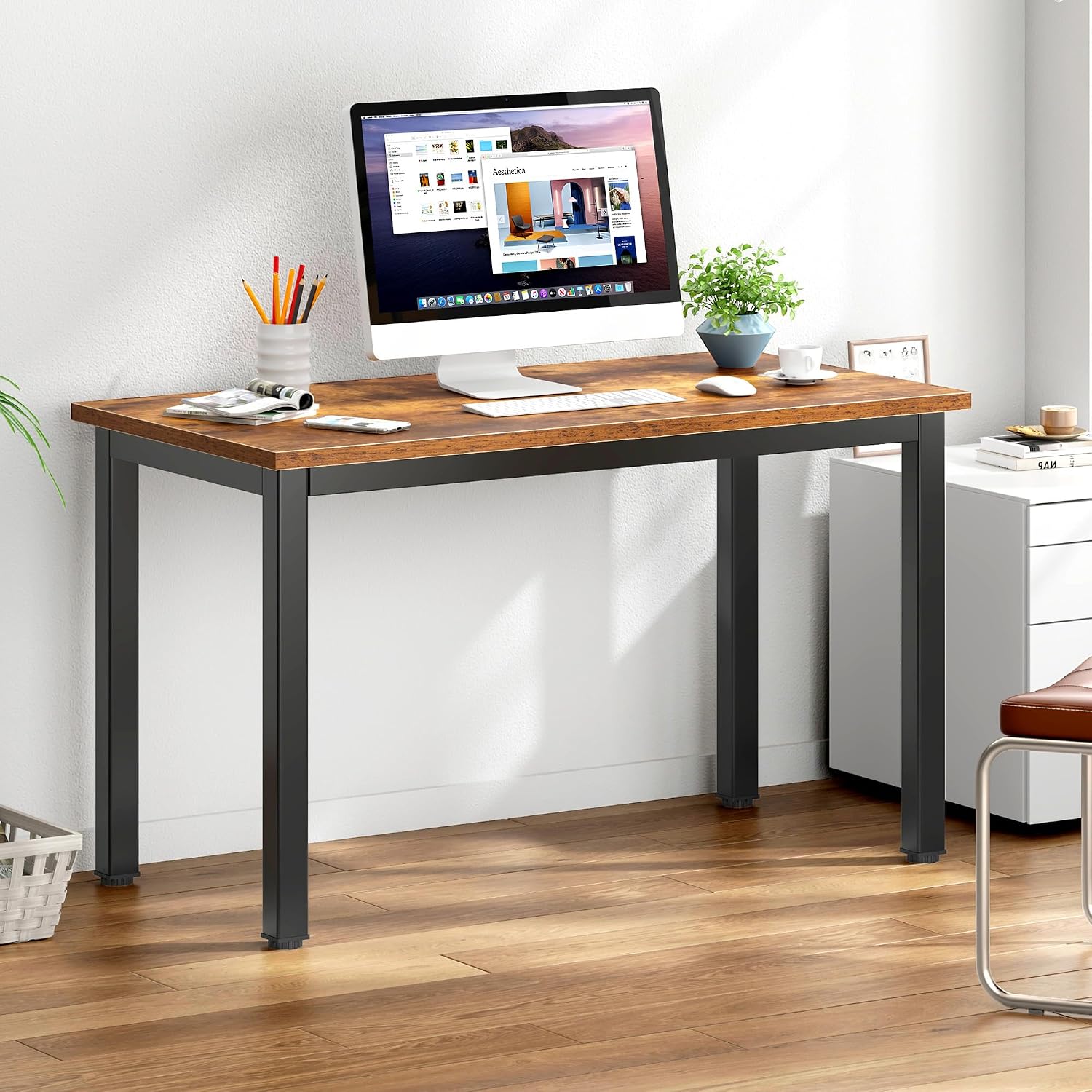 DlandHome 47 inches Medium Computer Desk for Bedroom, Retro