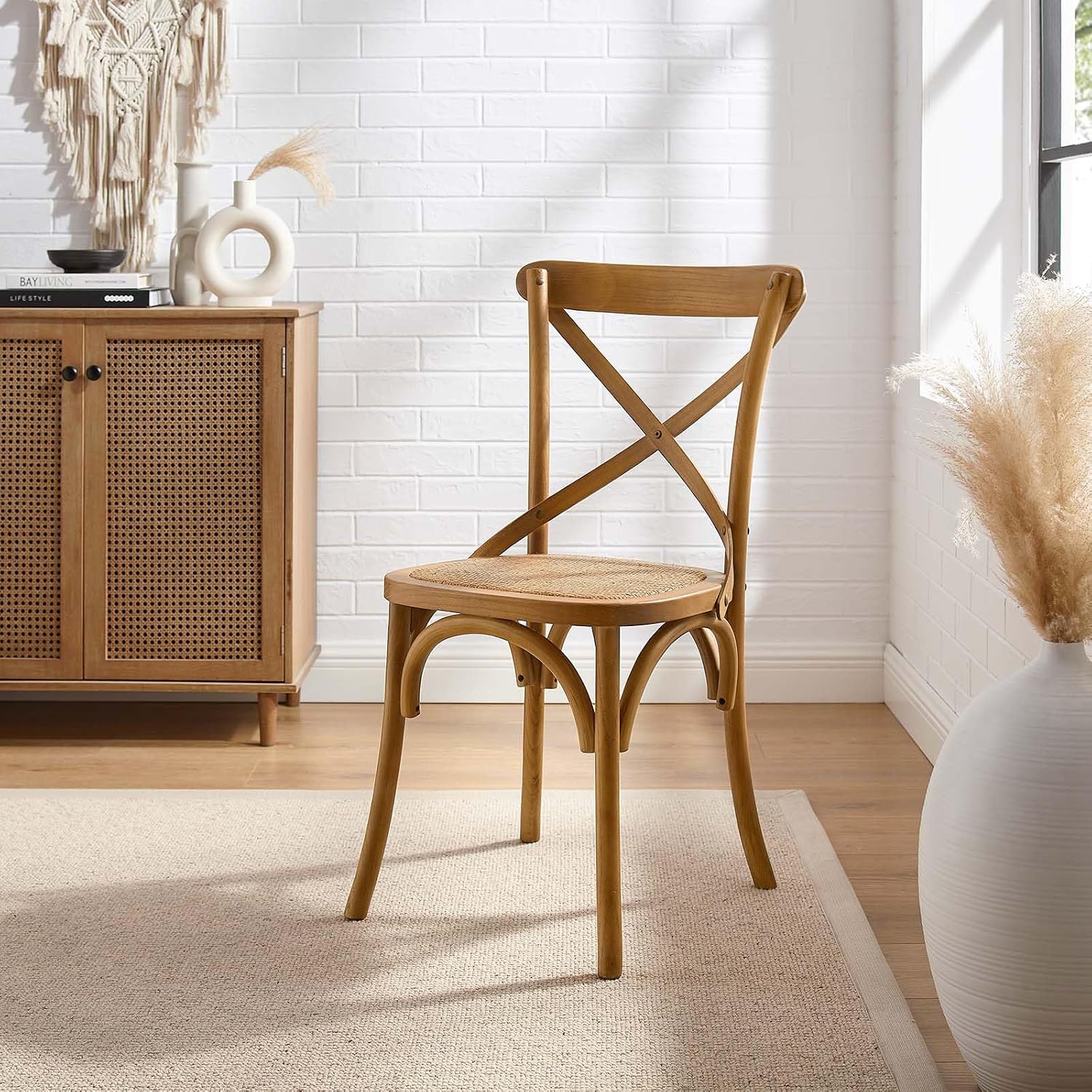 Modway Gear Rustic Modern Farmhouse Elm Wood Rattan Dining Chair in Gray
