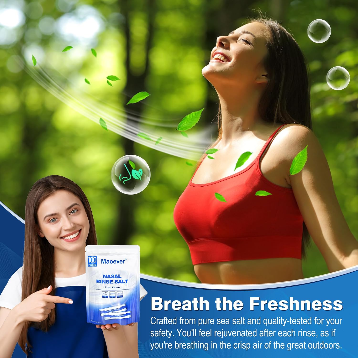 MAOEVER 120 Saline Nasal Packets, Nasal Salt Rinse for Neti Pots & Squeeze Bottles, Individually Wrapped & pH Balanced, Cooling Sinus Relief & Nasal Care(120, Mint Green)
