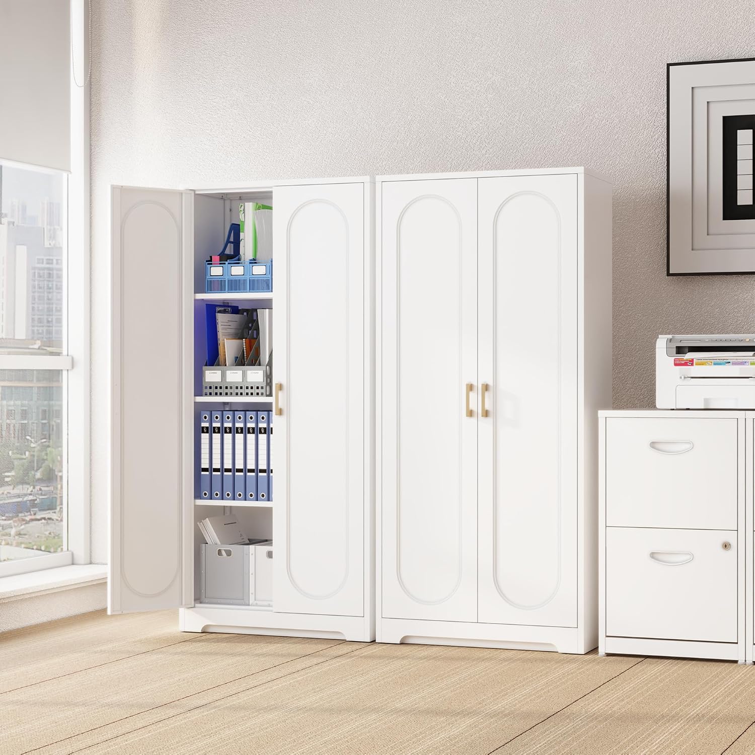 Steeloong 71"Metal Pantry Storage Cabinet with Doors & 4 Adjustable Shelves | Kitchen Pantry Cabinet,White Kitchen Cabinet with 2 Gold Handles,Tall Cabinet for Livingroom,Pantry, Bathroom,Kitchen
