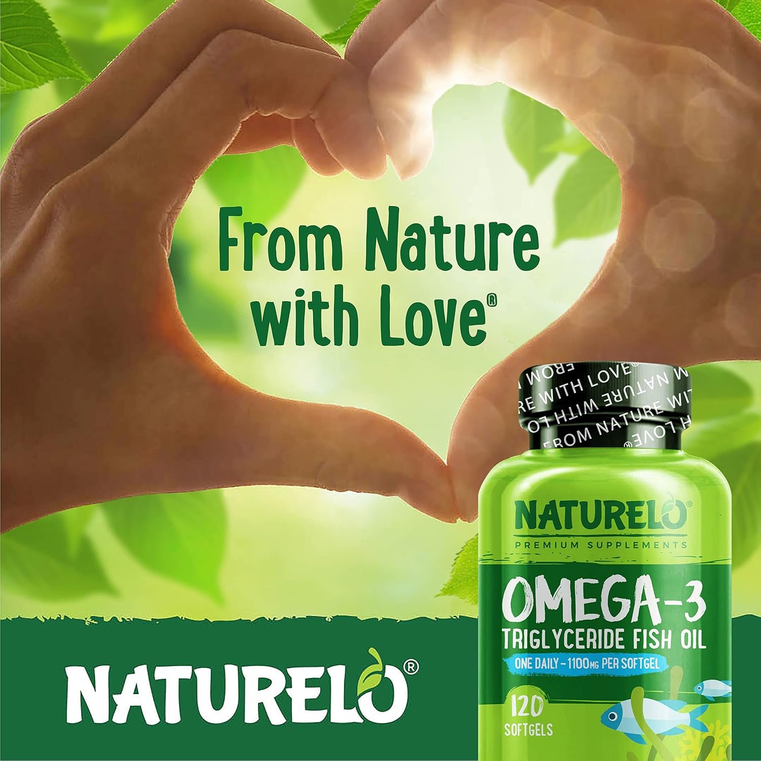 NATURELO Burpless Omega 3 Fish Oil Supplement, 1100mg, 60 Softgels | Triglyceride omega-3, omega 3 DHA EPA, liquid fish oil, 2 months supply