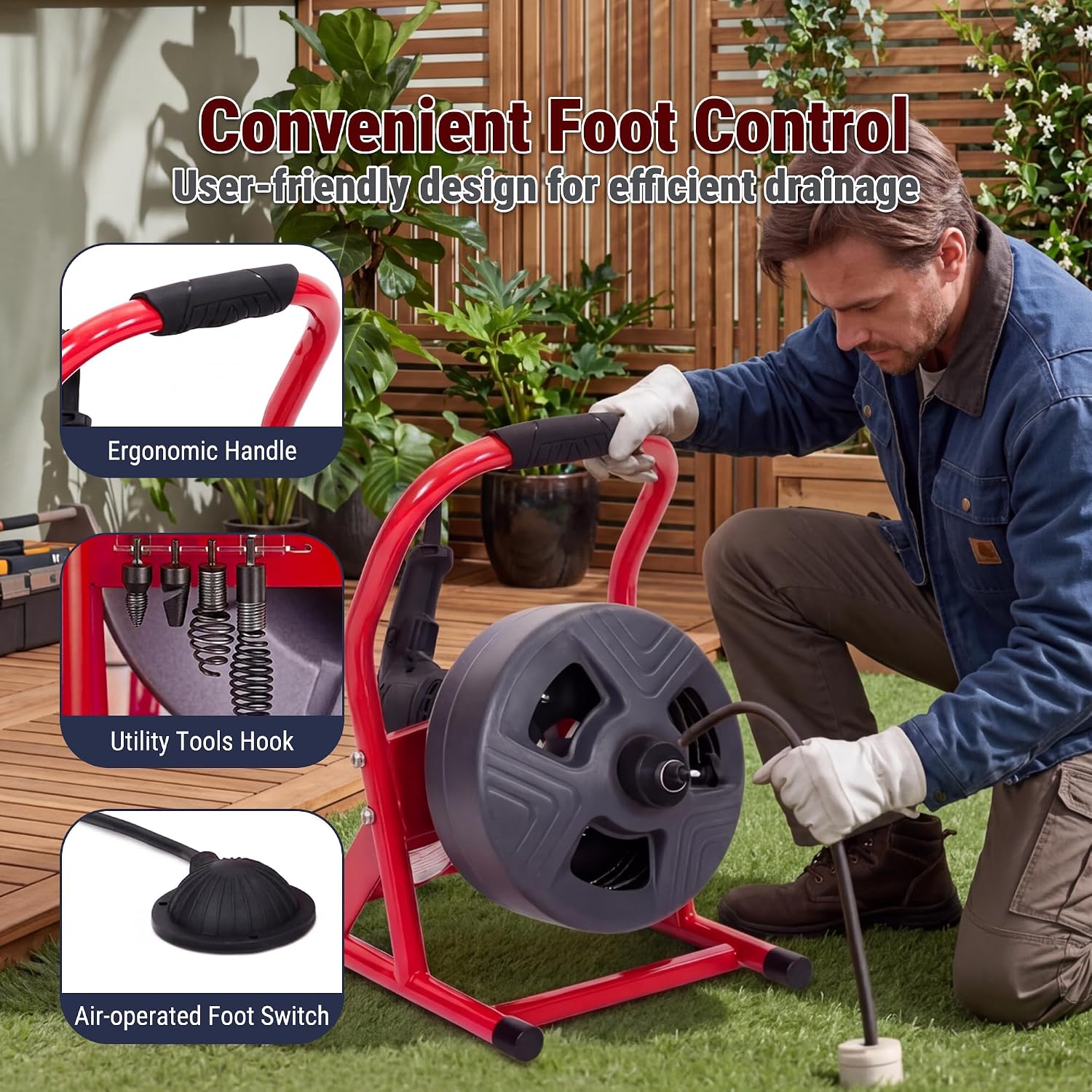 HoldwellS 50FT x 5/16 Inch Drain Cleaner Machine, Electric Drain Auger for 3/4"-3" Pipes, Sewer Snake Auger with 4 Cutters & Pneumatic Foot Switch