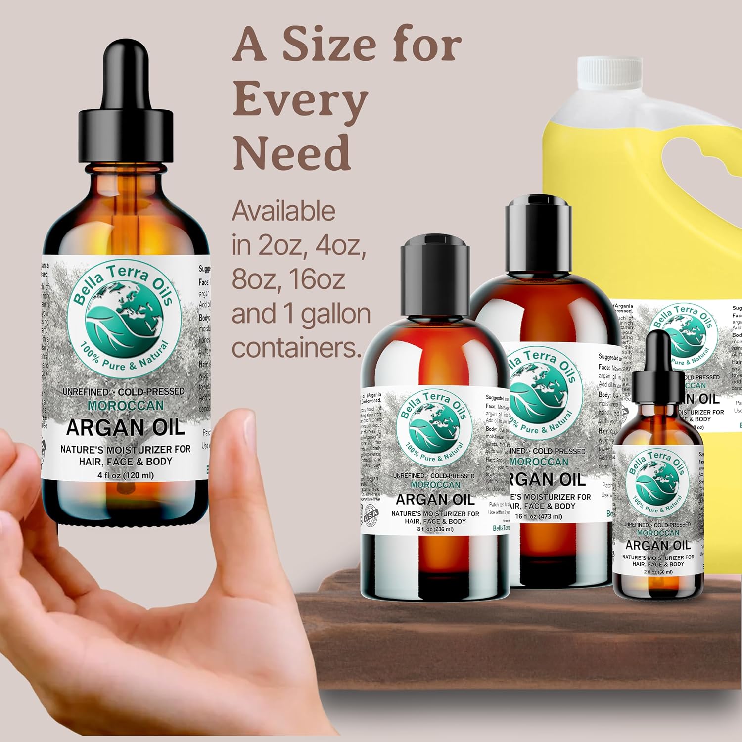 Bella Terra Oils - Argan Oil 2 oz - Cold-Pressed from Morocco, Rich in Vitamin E & Fatty Acids, Perfect Hair Oil Serum to Combat Frizz, Luxurious Face Oil