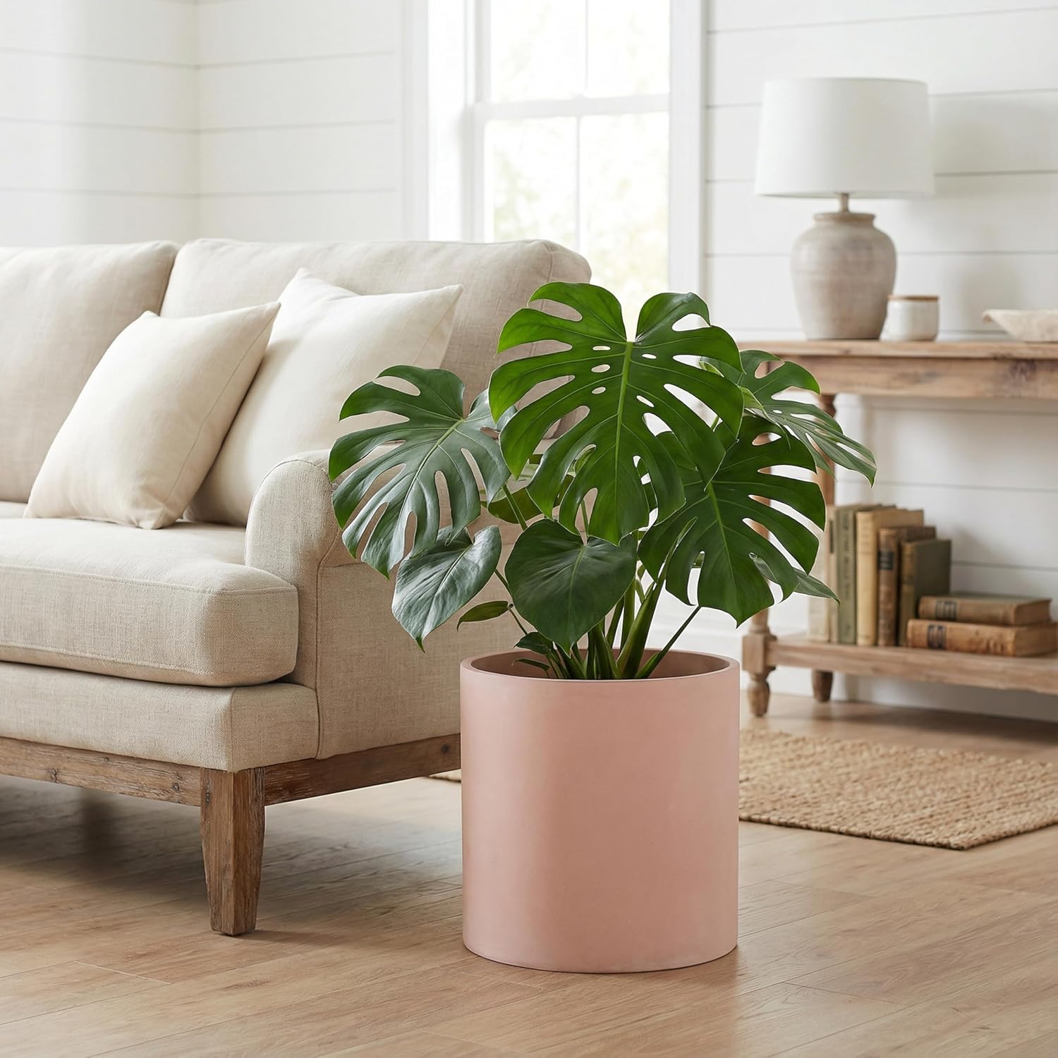 FaithLand 14 Inch Fiberstone Planter - Lightweight Modern Cylinder Plant Pot with Drainage Hole & Plug, Indoor Outdoor Use, Matte White