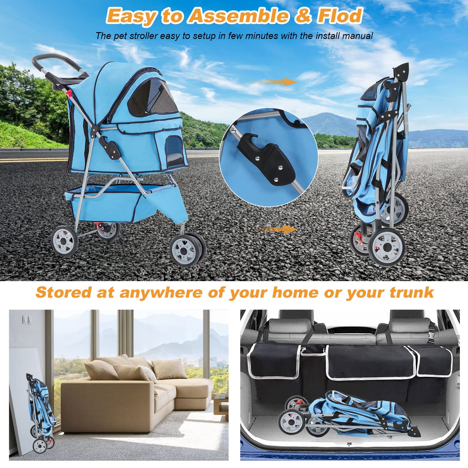 BestPet | 4-Wheel Foldable Pet Stroller | Black | Lightweight & Portable | Travel Carrier with Mesh Windows, Storage Basket, Cup Holder, Safety Brakes, and Waterproof Fabric | For Small Dogs and Cats