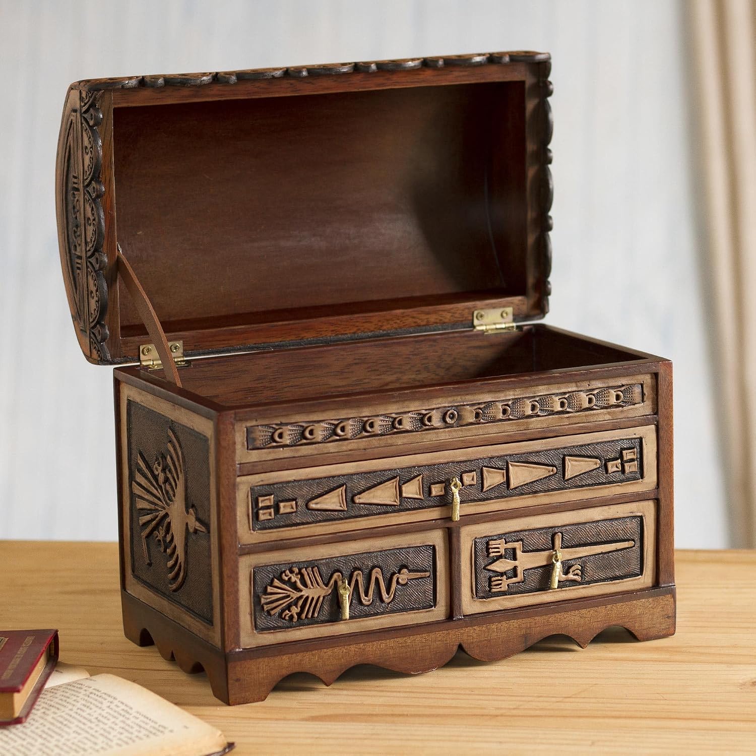 NOVICA Artisan Handmade Leather Cedar Wood Jewelry Chest Nazca Pattern from Peru Brown Boxes Colonial Cultural Animal Themed [8.25in H x 11.5in W x