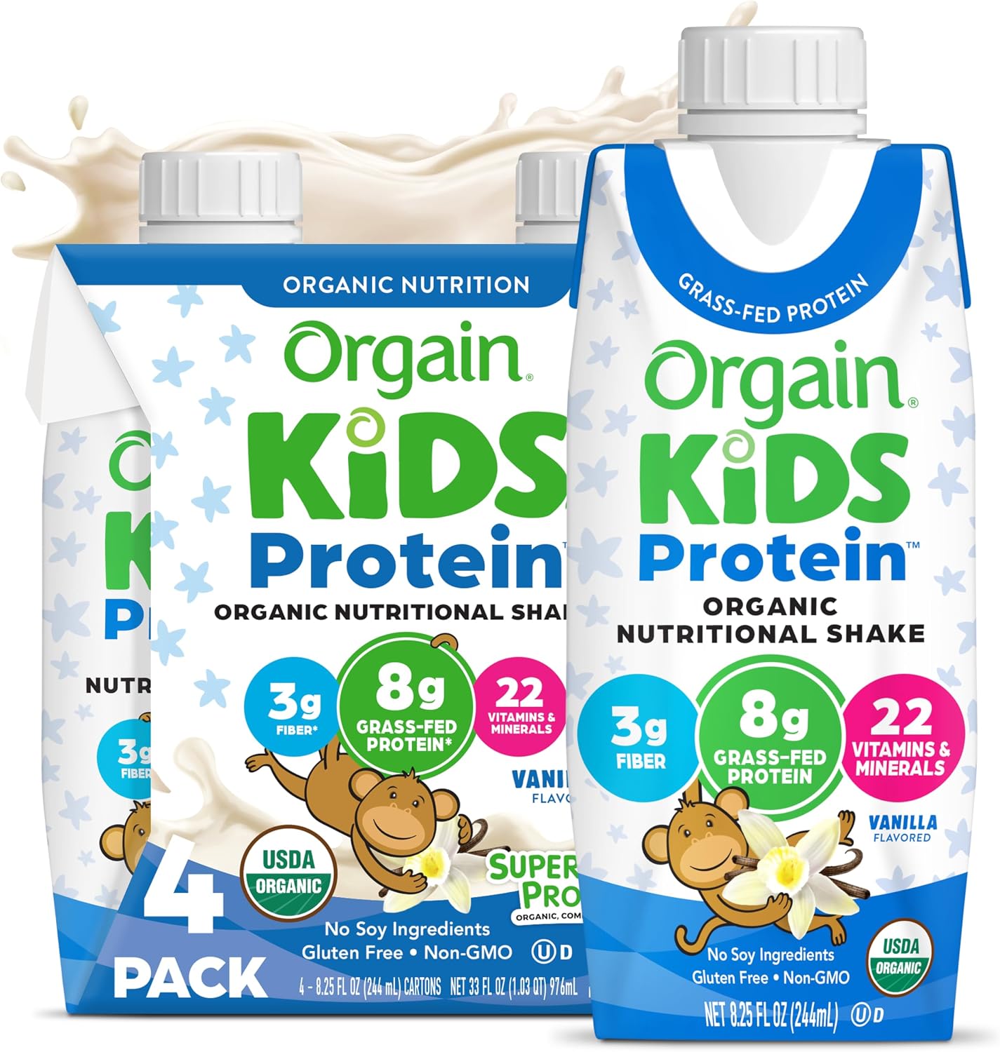 Orgain Organic Kids Dairy 8g Protein Shake, Chocolate, 8.25 oz, 4pk | Nutritional drink, grass-fed protein, 22 vitamins & minerals, 3g fiber, non-GMO, no soy, healthy snack for picky eaters