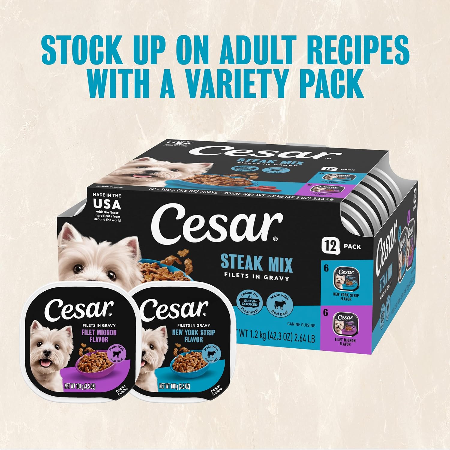 Cesar Filets in Gravy Wet Dog Food, Steak Mix Variety, 3.5 oz, 24 Count | Filet Mignon, New York Strip & Prime Rib, real meat, slow-cooked, no fillers/added sugar/artificial flavors, easy peel trays