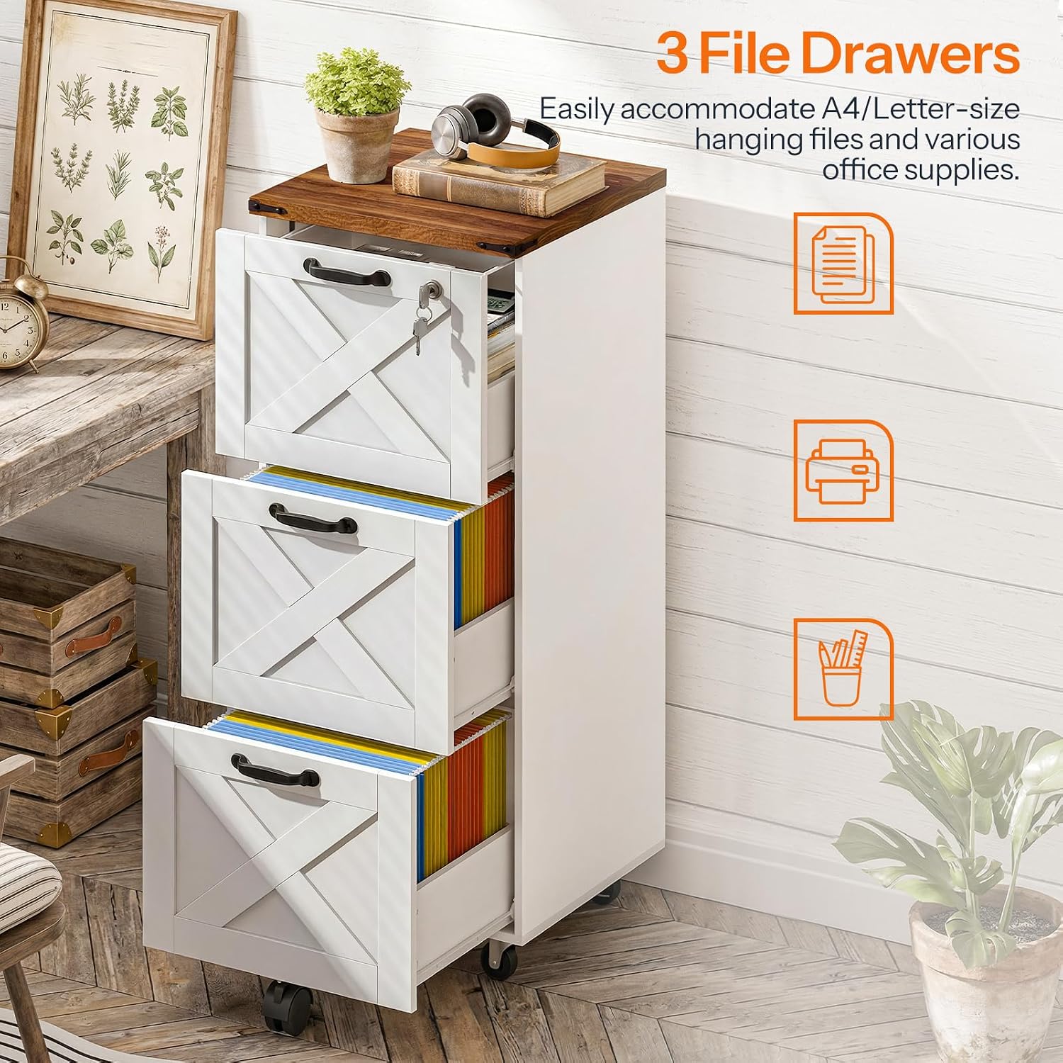 HOOBRO 3 Drawer File Cabinet with Lock, Mobile Filing Cabinet for Home Office, Wooden Farmhouse Office Storage Cabinet, Printer Stand Fits Letter and A4 Size, Walnut and White WH93WJ01G1