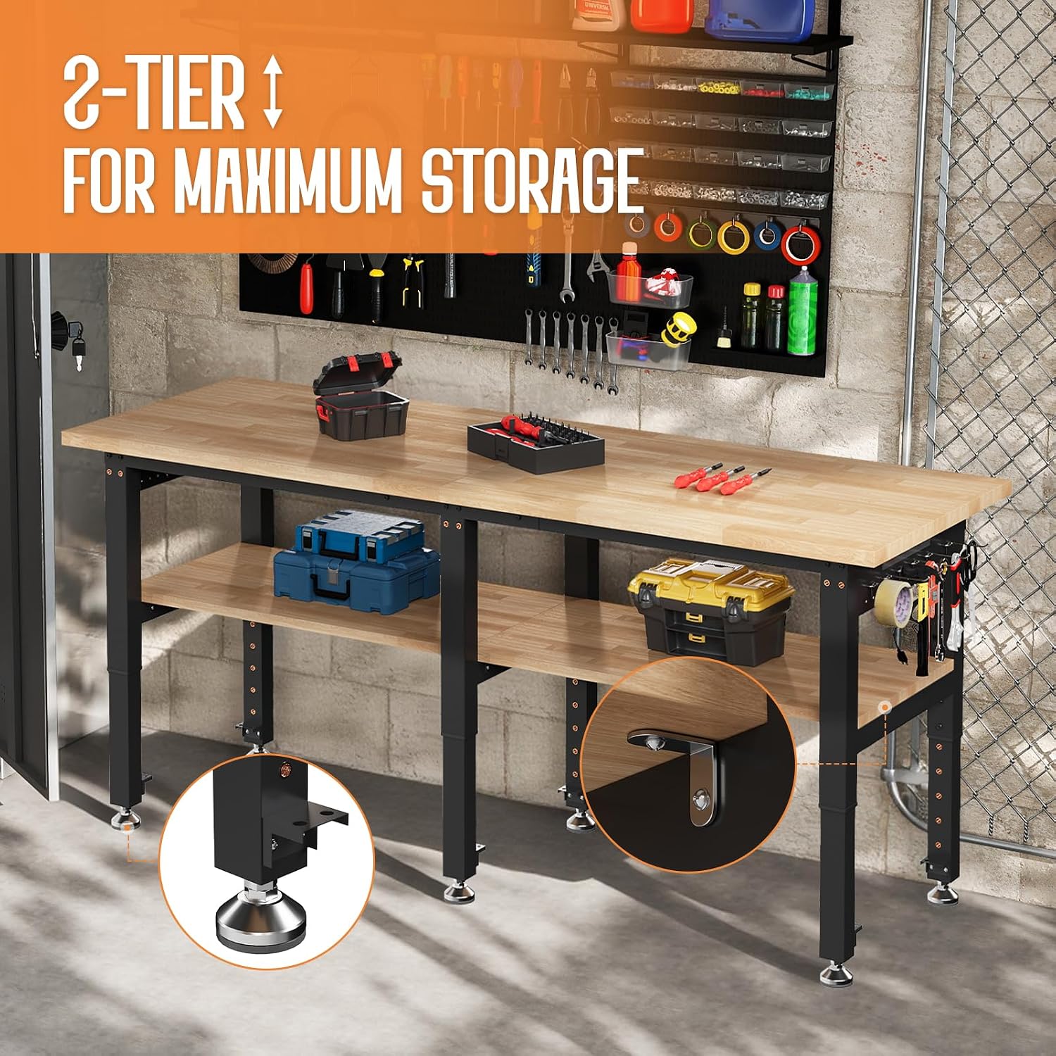 SPECRAFT Adjustable Black Heavy-Duty Workbench | 2000 Lbs Capacity, Rubber Wood Top, 4 AC Outlets and 2 USB Ports, for Garage, Workshop and Office