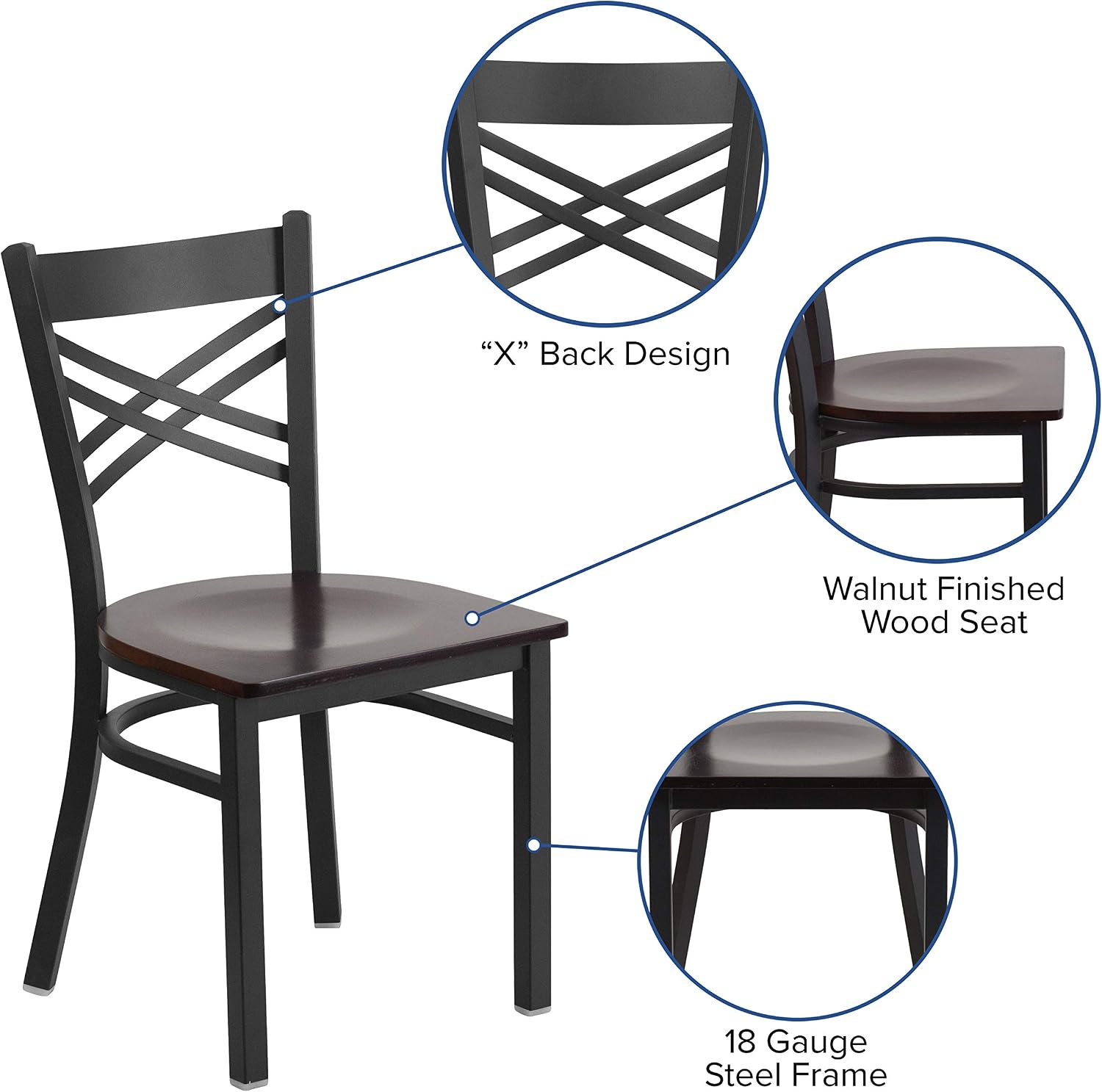 Flash Furniture Hercules Series "X" Back Metal Restaurant Chairs, Modern Upholstered Armless Dining Chairs for Restaurants/Kitchens, Set of 2, Black