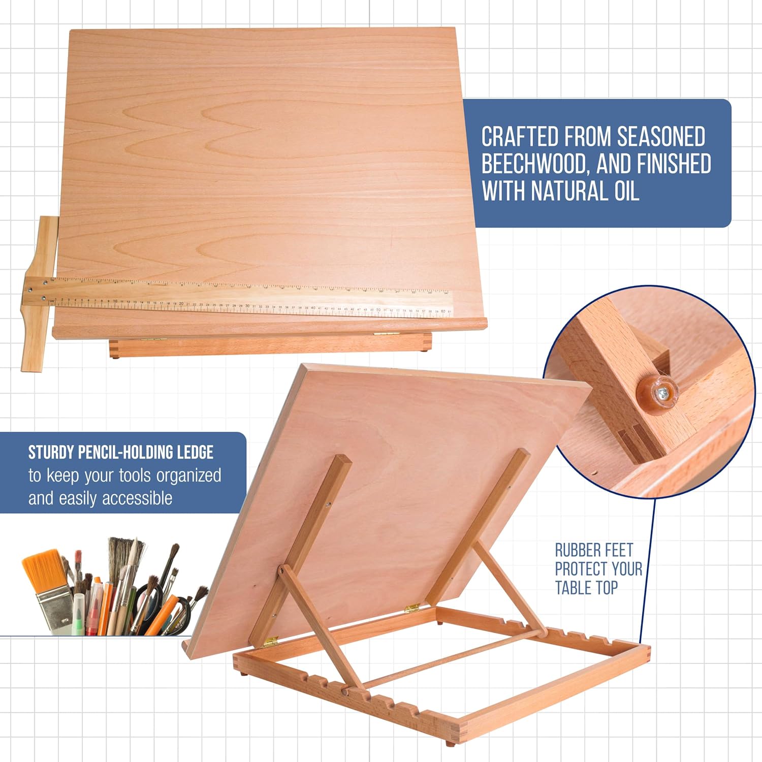 U.S. Art Supply X-Large 26" x 21" Wooden Drawing Board, Adjustable Table Top Easel for Painting and Drawing - Drafting Board with T-Square