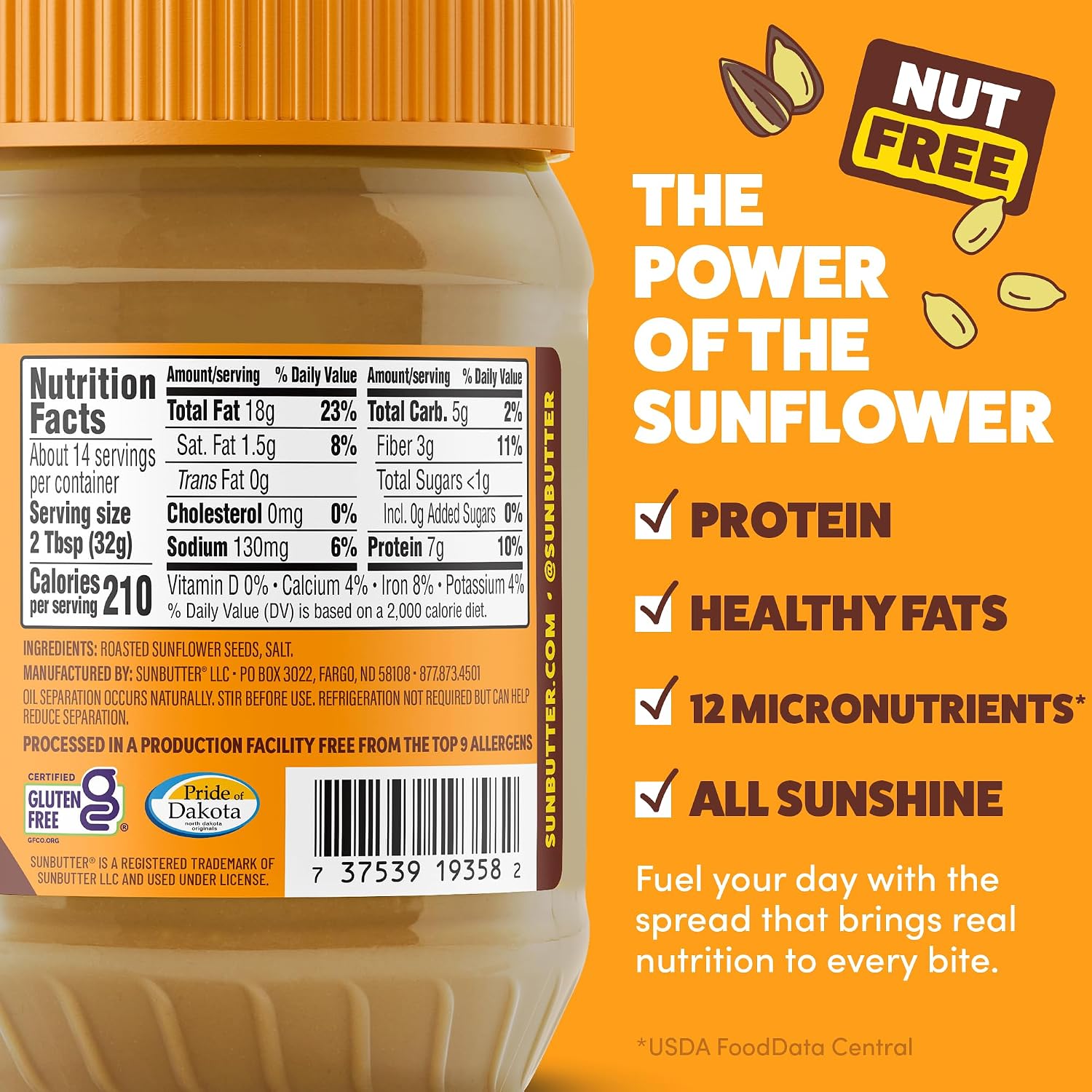 SunButter Original Sunflower Seed Butter, 16 oz Nut-Free Spread with 7g Plant-Based Protein, Roasted Rich & Savory Flavor, Smooth Texture | Vegan, Kosher & Non-GMO