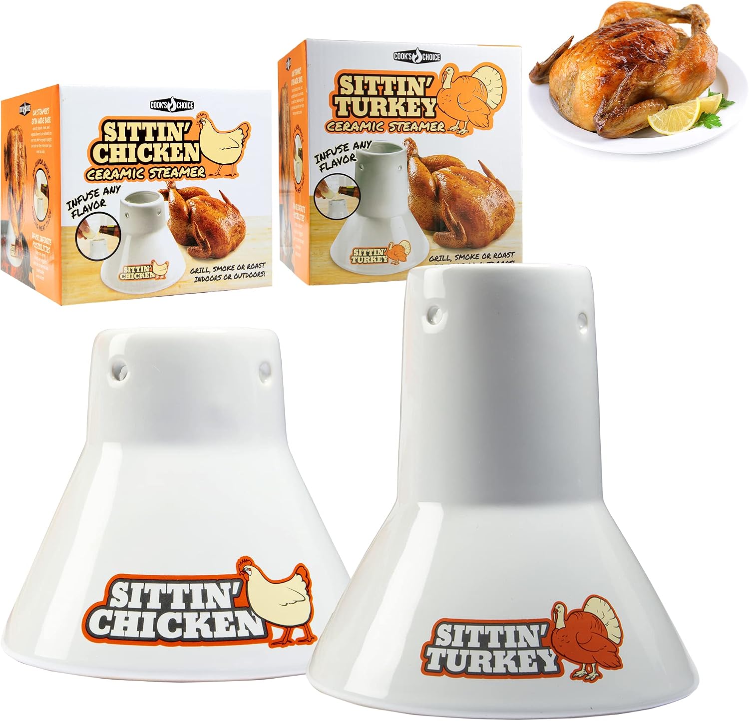 COOK'S CHOICE Sittin' Chicken Reusable Ceramic Beer Can Roaster & Steamer | Vertical Chicken Roaster Stand for Grill, Oven & Smoker - Flavor Infuser for Marinades, Beer & Sauces - Summer BBQ Essential