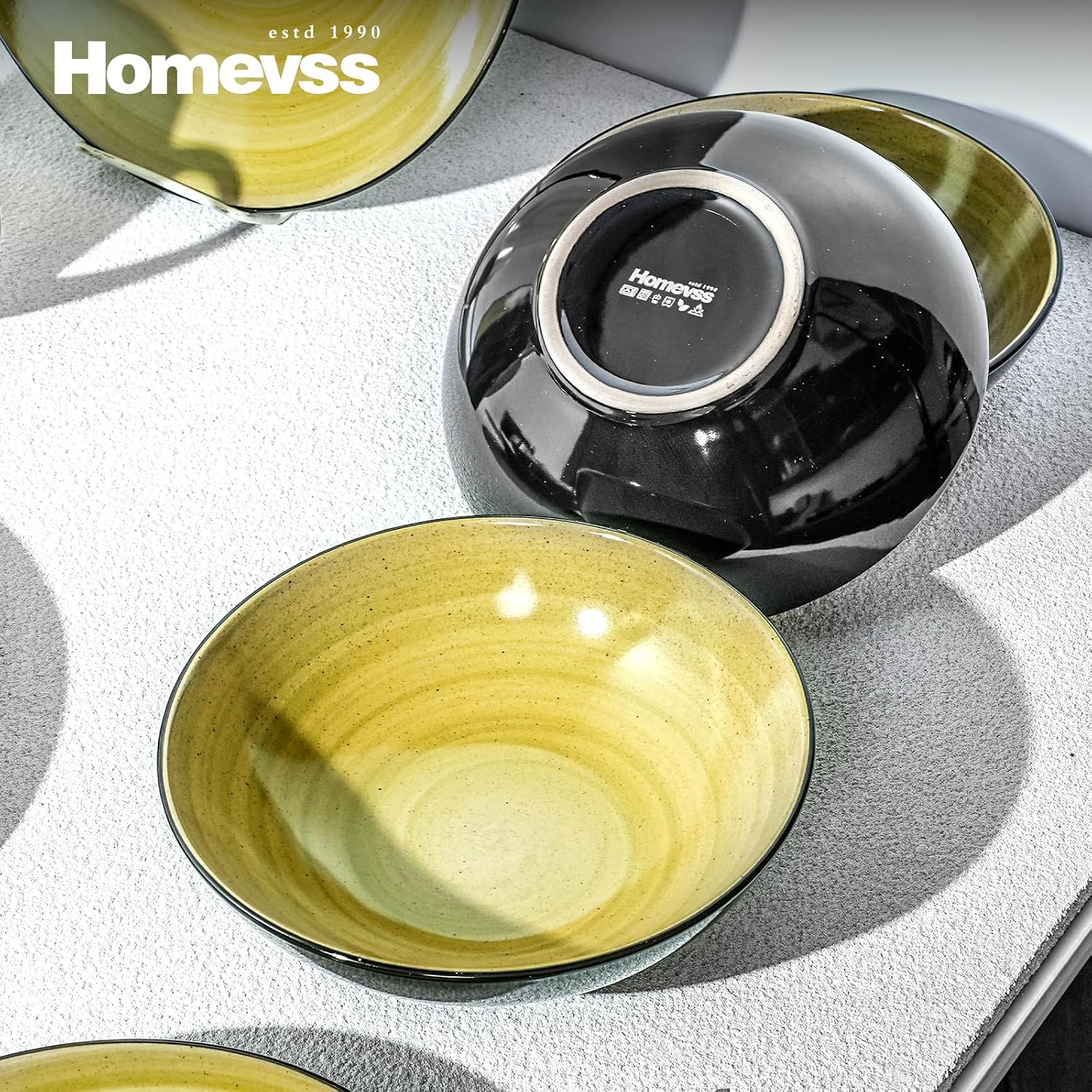 HomeVss, Sonoma Stoneware Dinnerware Set, Outside Black + Inside Hand Painting Color (16pc Set, Grey)