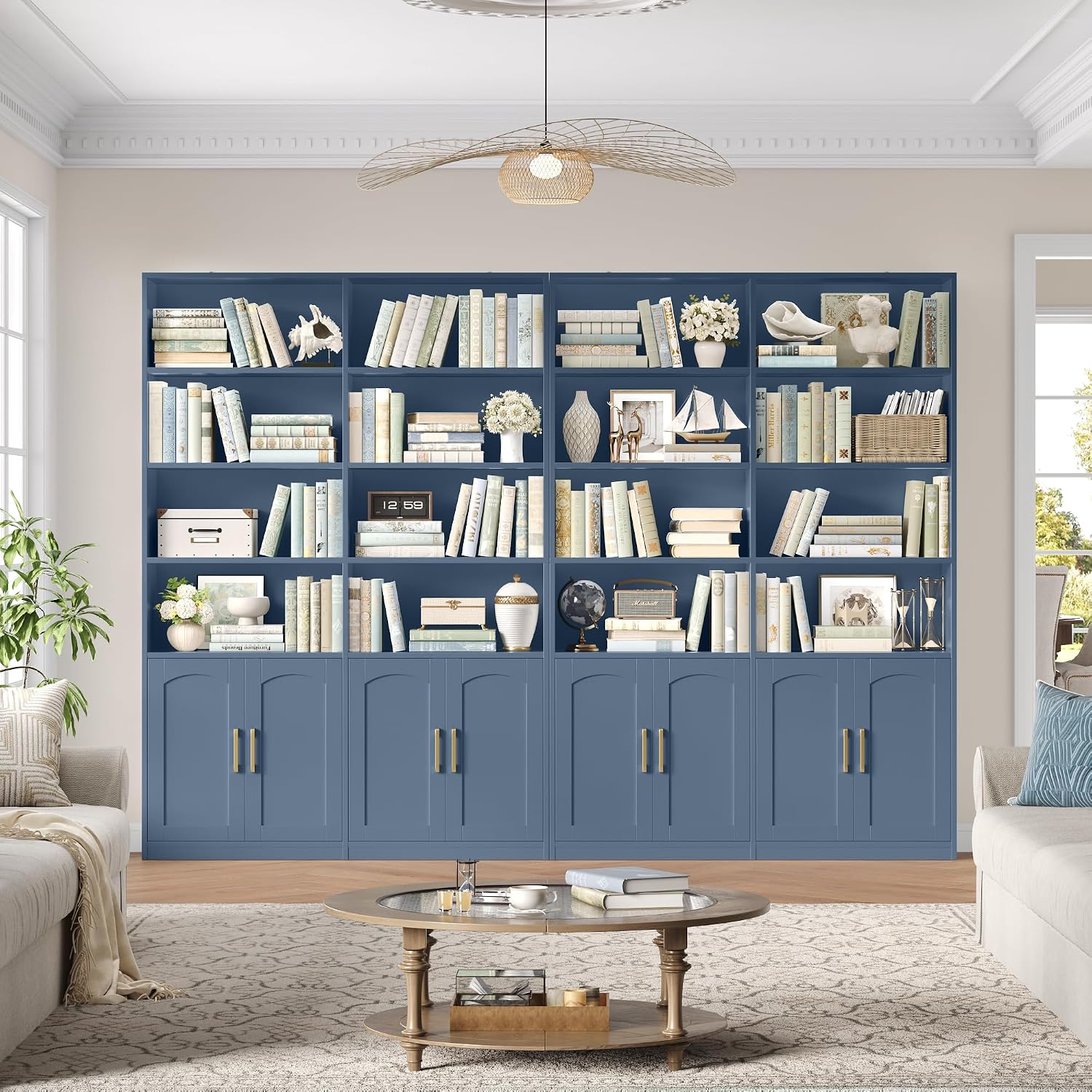 Bookshelf and Bookcase with Doors, Double Wide Large Bookshelves | Industrial Open Display Shelves 6 Tier, 73'' Tall Bookshelf with Storage Cabinets for Office,Home, Living Room, Library,White