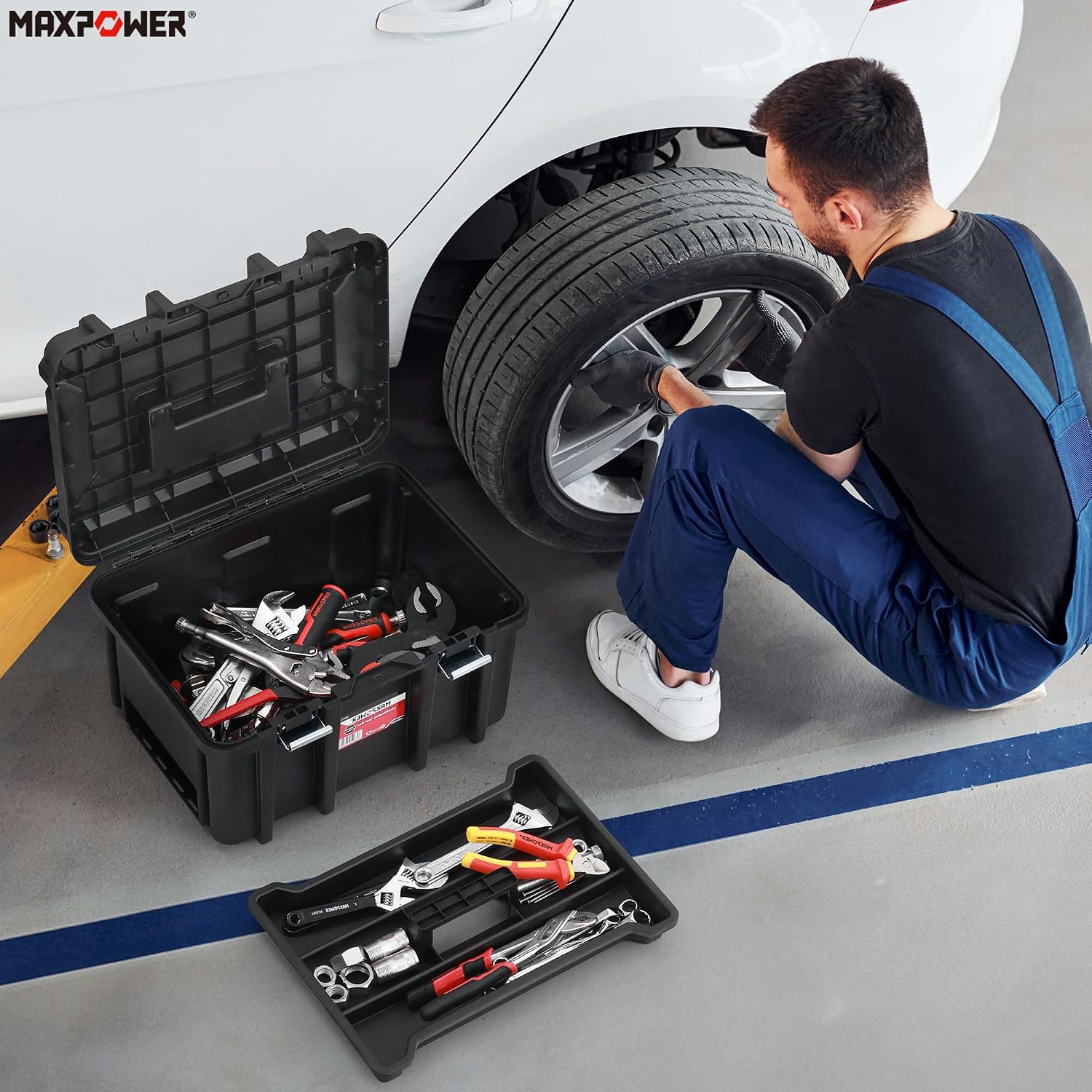 MAXPOWER Small Tool Box, 14-inch Plastic Tool Boxes with Handle | Removable Tray with Dual Lock Secured, Red Toolbox for Home