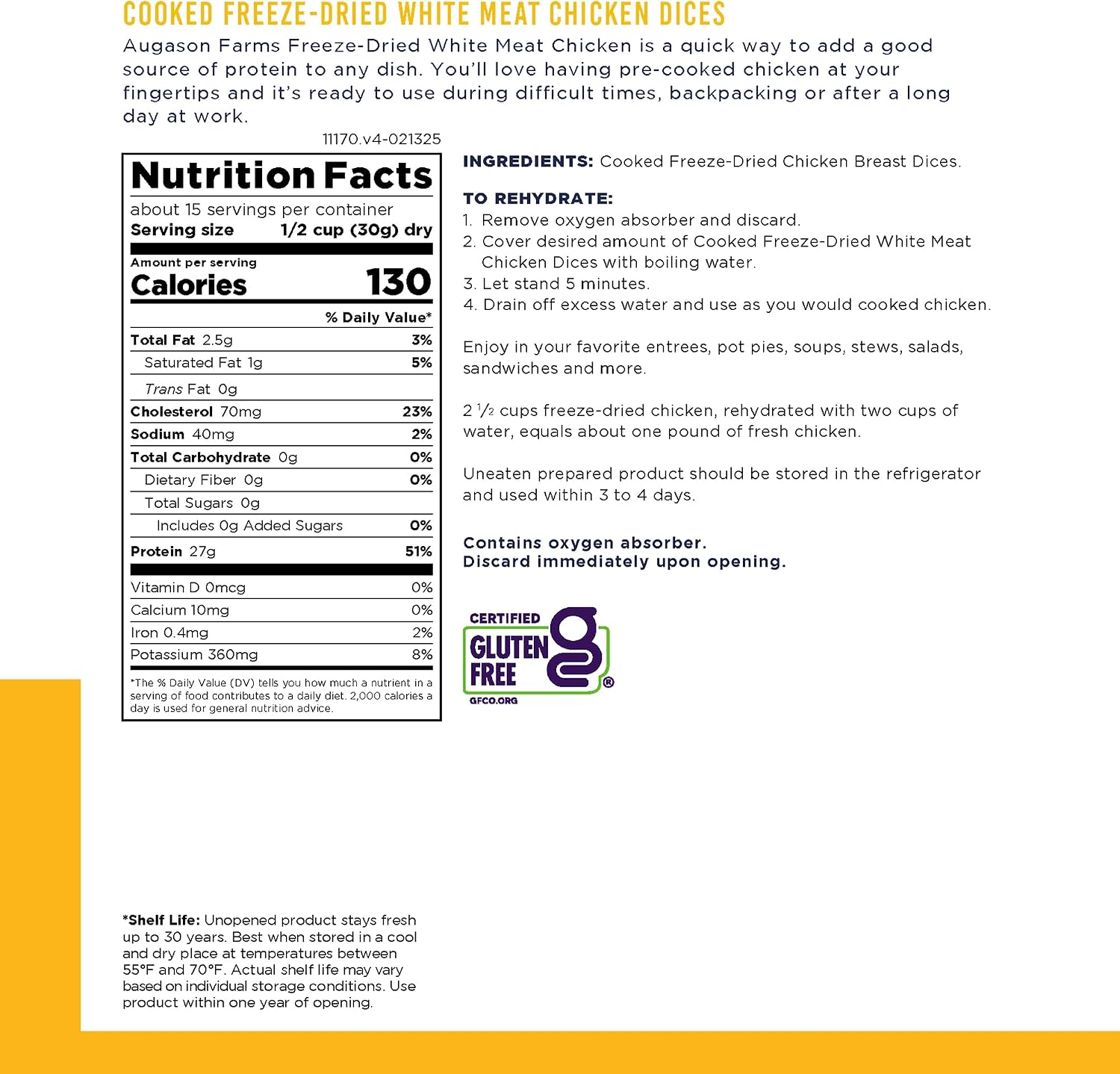Augason Farms Cooked Freeze Dried White Meat Chicken Dices Can | Emergency Food Supply, Everyday Meals, 15 Servings