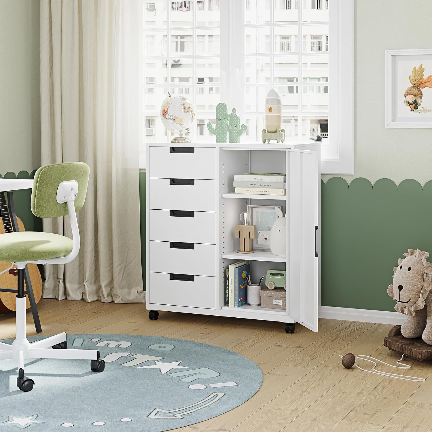 5 Drawer Storage Cabinet, Mobile Printer Stand for Home Office,Dresser Chest with Shelves and Door(White)