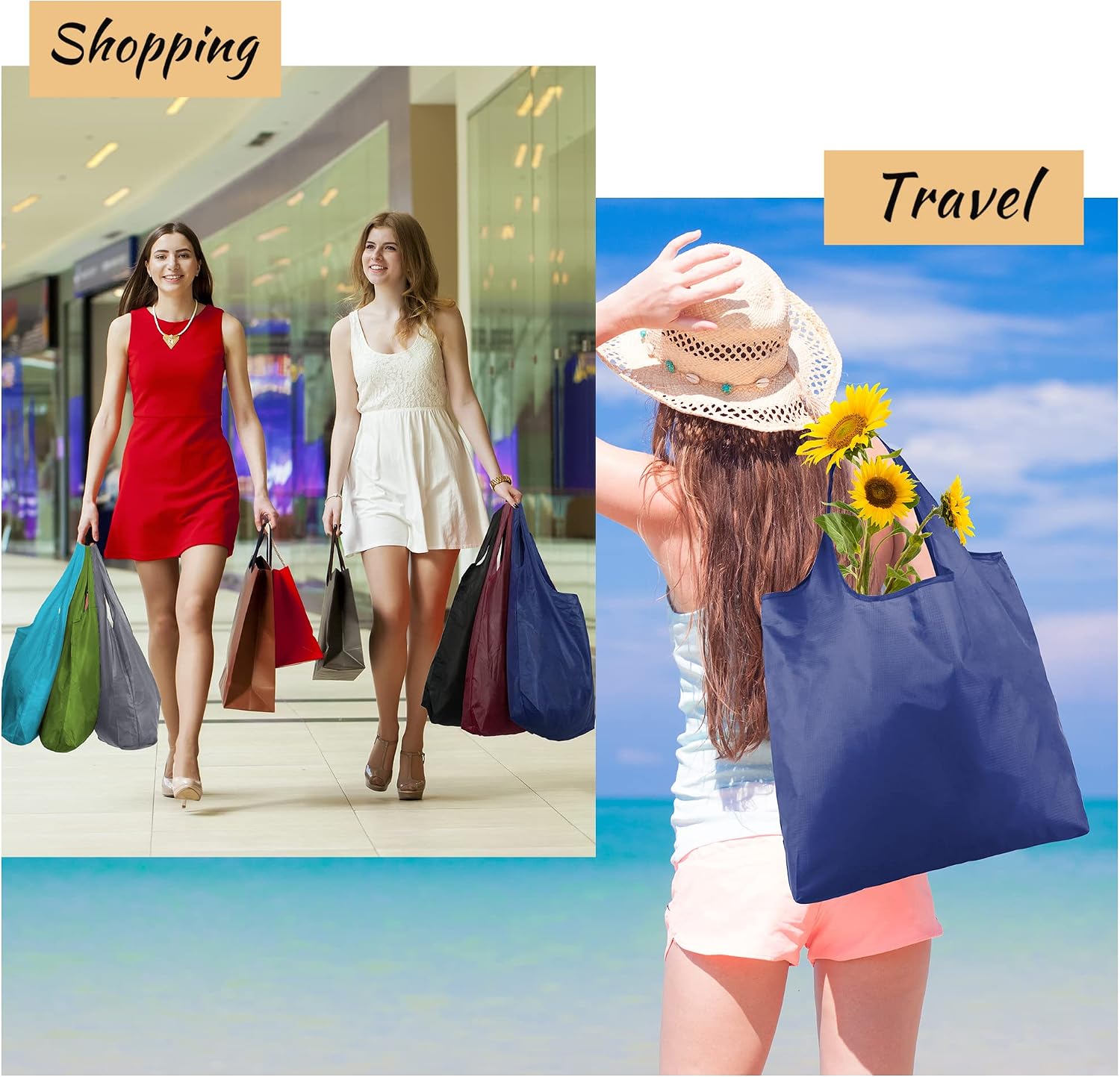 BeeGreen Grocery Bags | Reusable Gift Bags, Large Tote for Women & Foldable Beach Bag - 6 Pack Reusable Bag With Handles | Collapsible Cute Cloth Storage for Market, Holiday & Shopping | Washable​