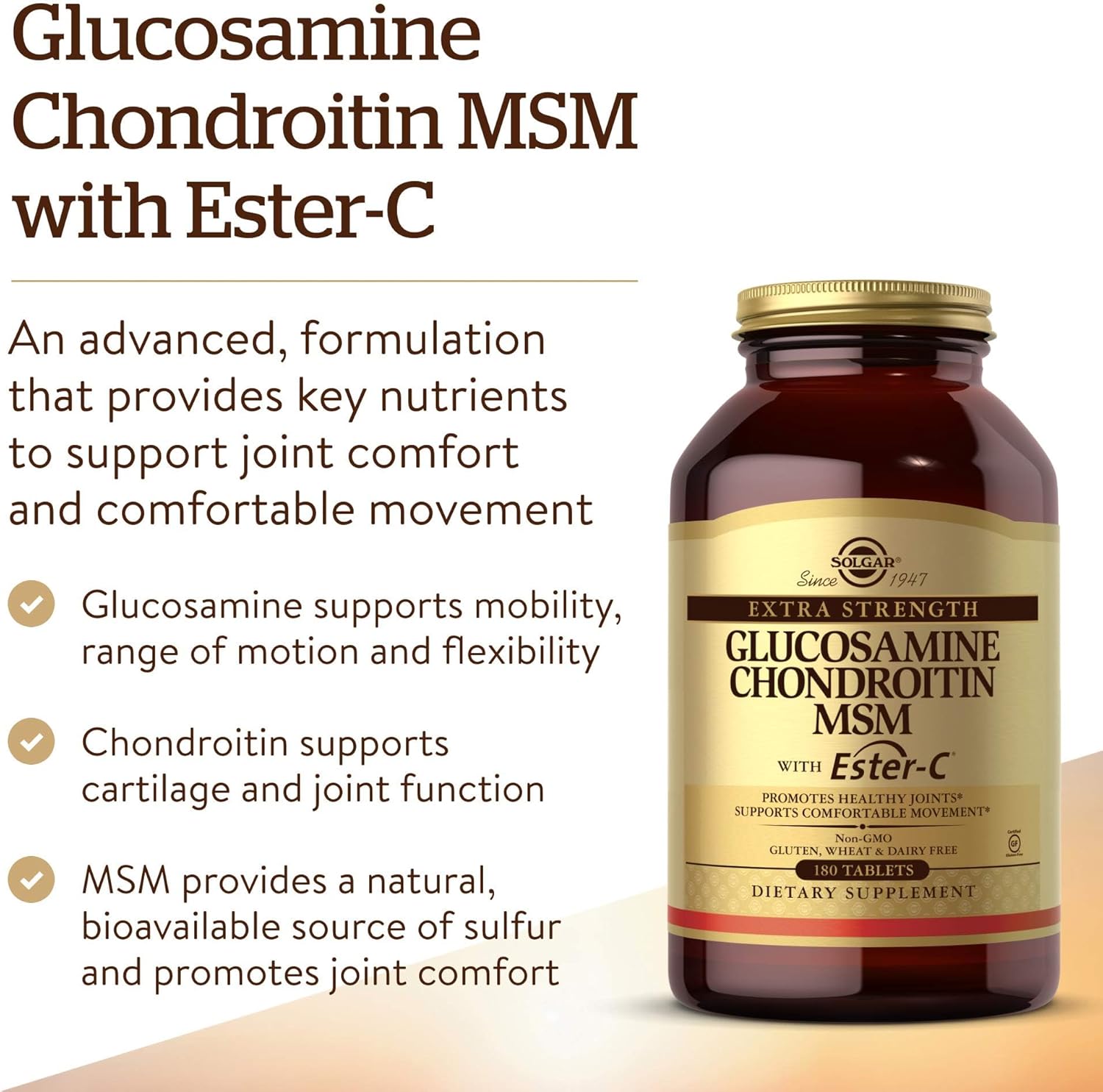 Solgar Extra Strength Glucosamine Chondroitin MSM w/Ester-C, 180 Tablets | Promotes Healthy Joints, Supports Comfortable Movement & Collagen Formation