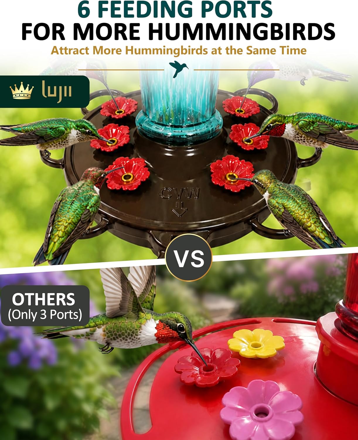 LUJII Hummingbird Feeder, Hand Blown Glass Hummingbird Feeder, Never Fade, 36 Fluid Ounces, 5 Feeding Metal Stations, Much Bigger, Garden Backyard Decorative, Containing Ant Moat (Blue)