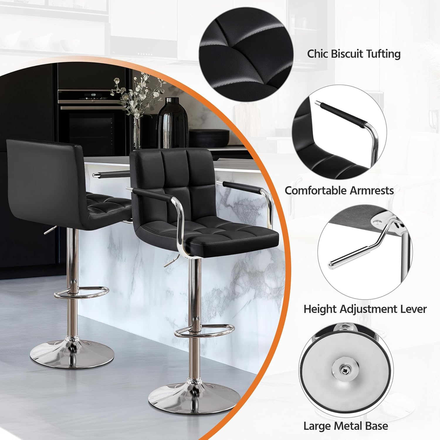 Yaheetech Bar Stools Set of 2, Swivel with Backs, Adjustable Height, White | 360° Swivel Barstools Feature Padded PU Leather Seats, Supportive Backs, 300 lb Capacity for Kitchen Islands