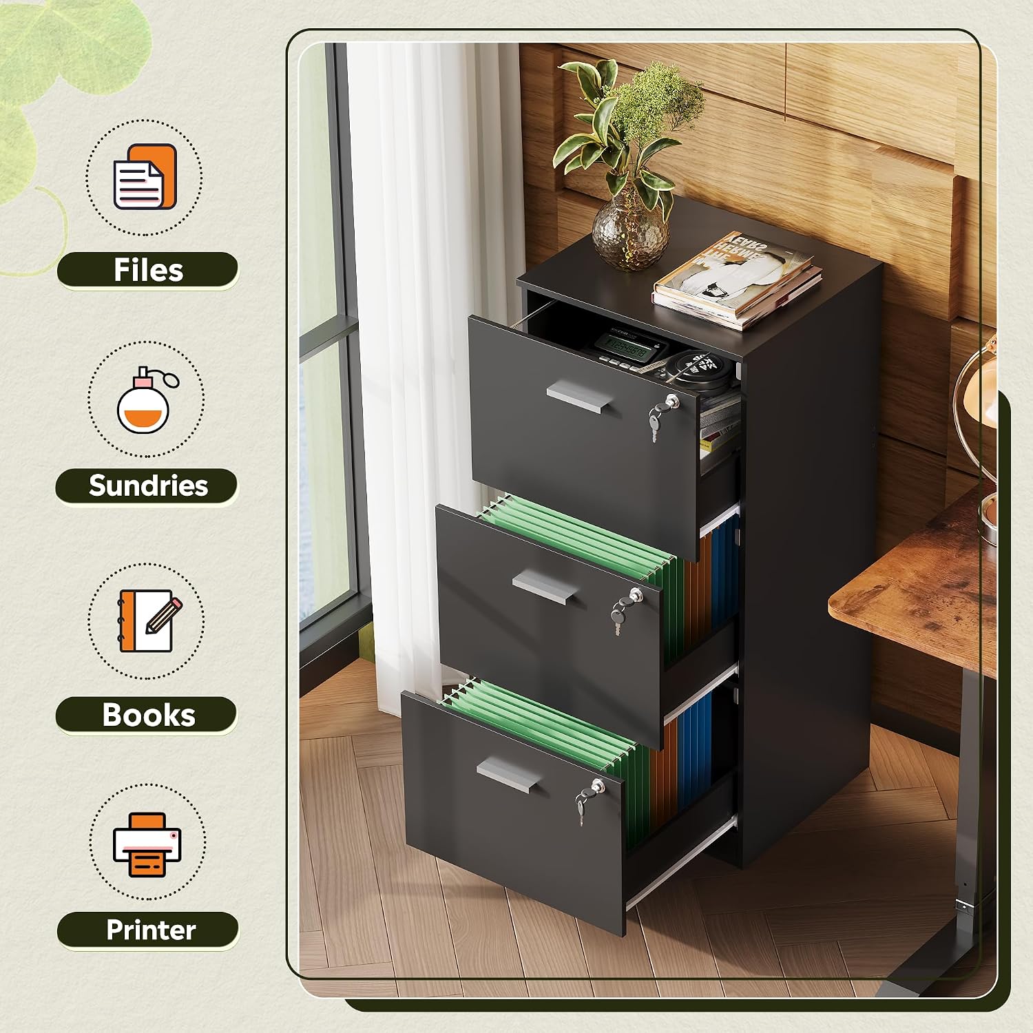 DEVAISE 3 Drawer Wood File Cabinet with Lock, Fits Letter and A4 Size | Wooden Tall Vertical Filing Cabinet, Home Office Printer Stand, Easy Assembly, White