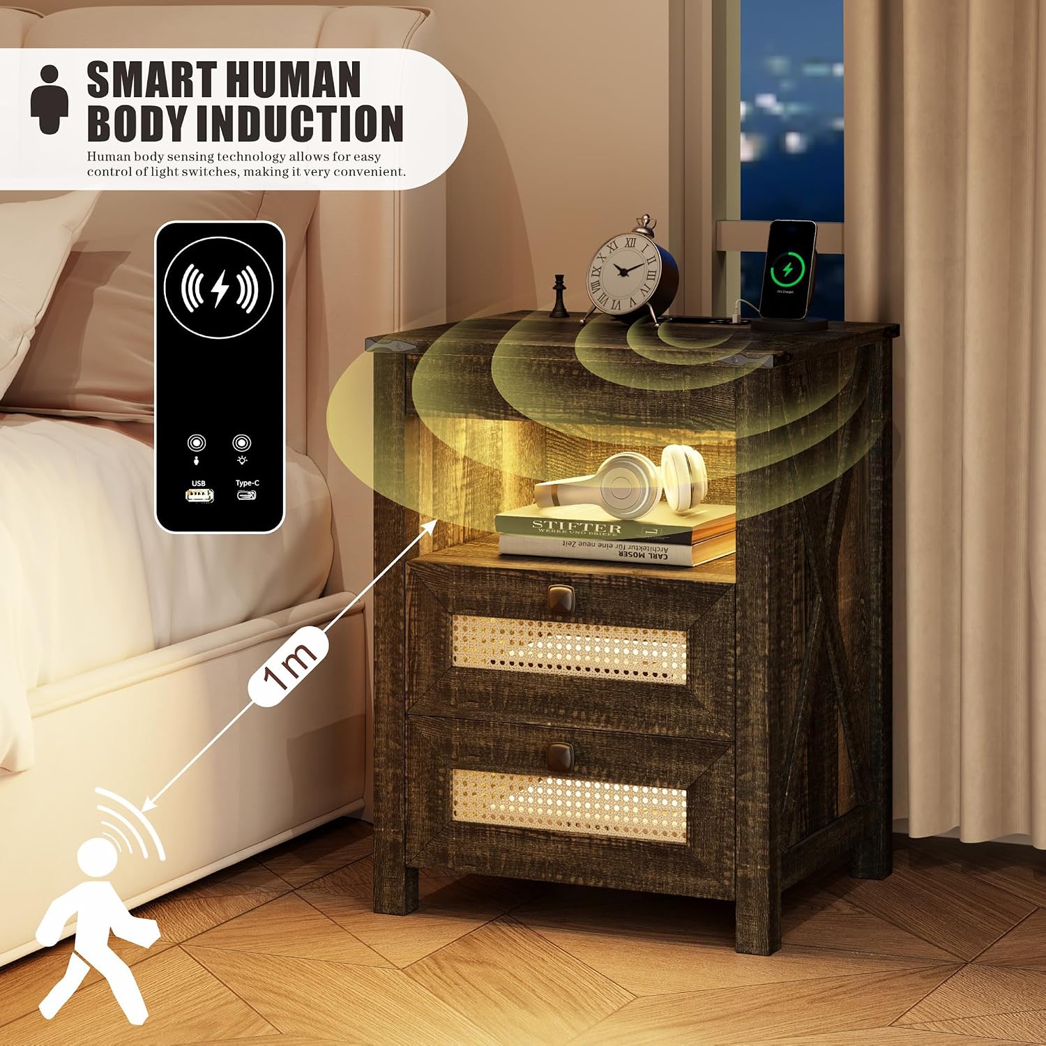 LED Night Stand with Gun Drawer & Charging Station | Human Sensor Lights, Hidden Storage, Farmhouse Rattan Style, 3 Drawers, Bedside Table for Bedroom, End Tables Livingroom