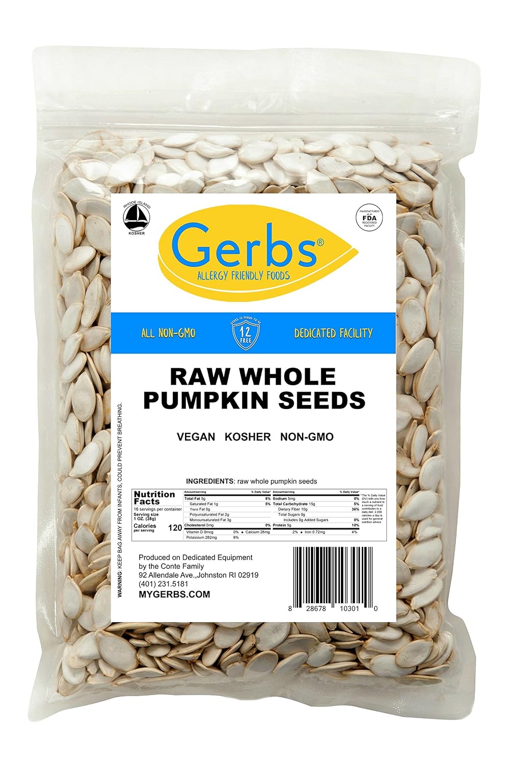 Gerbs Raw Whole Pumpkin Seeds 2 lbs. | In-Shell, 10.5 mm Size, Resealable Bag | Mildly Nutty & Crunchy | Top 14 Allergen-Free