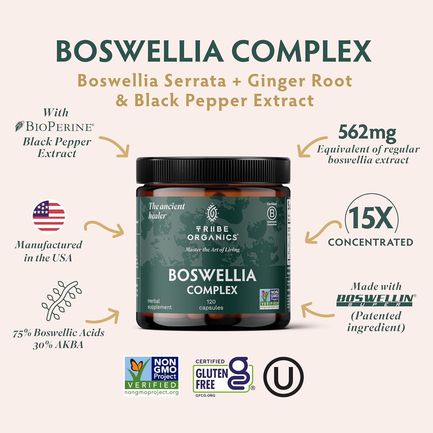 TRIBE ORGANICS Boswellia Serrata Complex Supplement for Joint Support, Muscle Relief - Vegetarian Non-GMO 120 Capsules