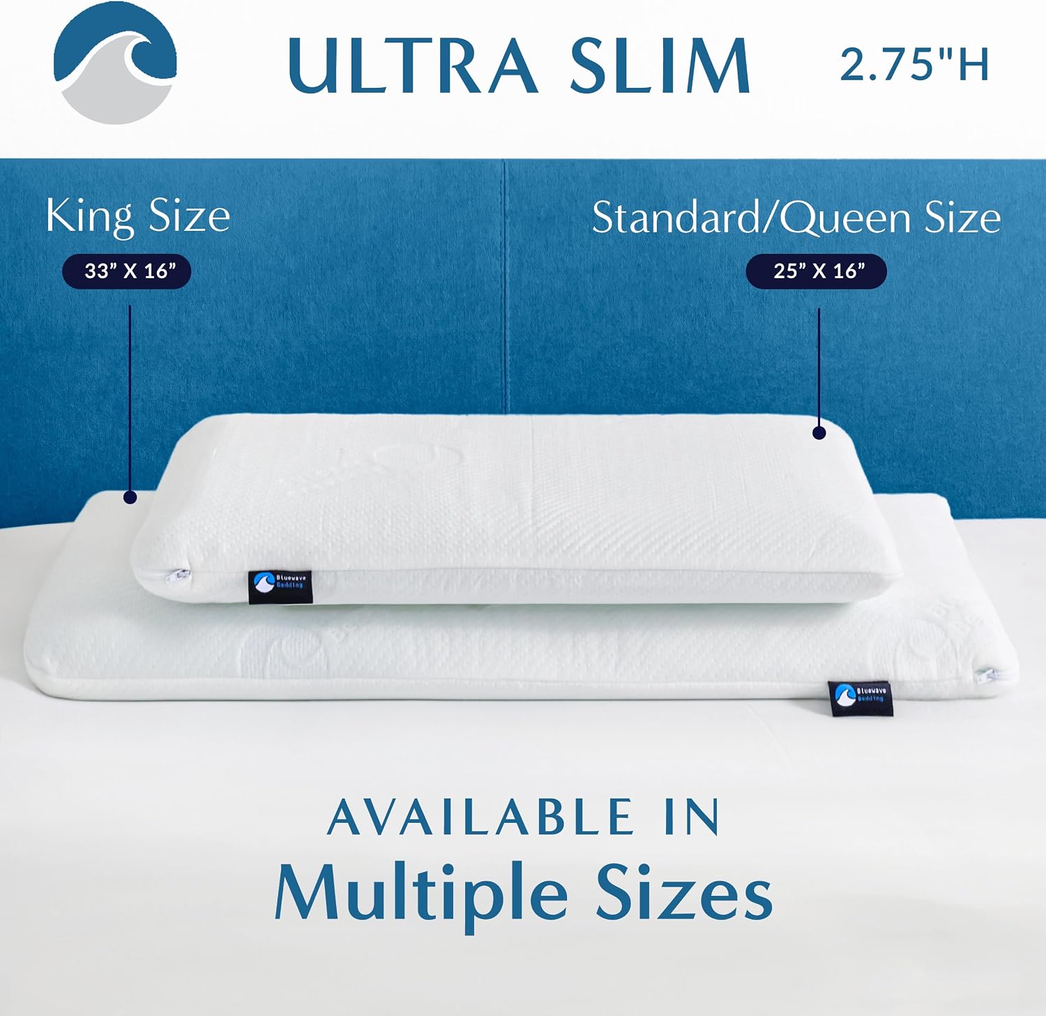 Bluewave Bedding Hyper Slim Gel Memory Foam Pillow for Stomach and Back Sleepers - Thin