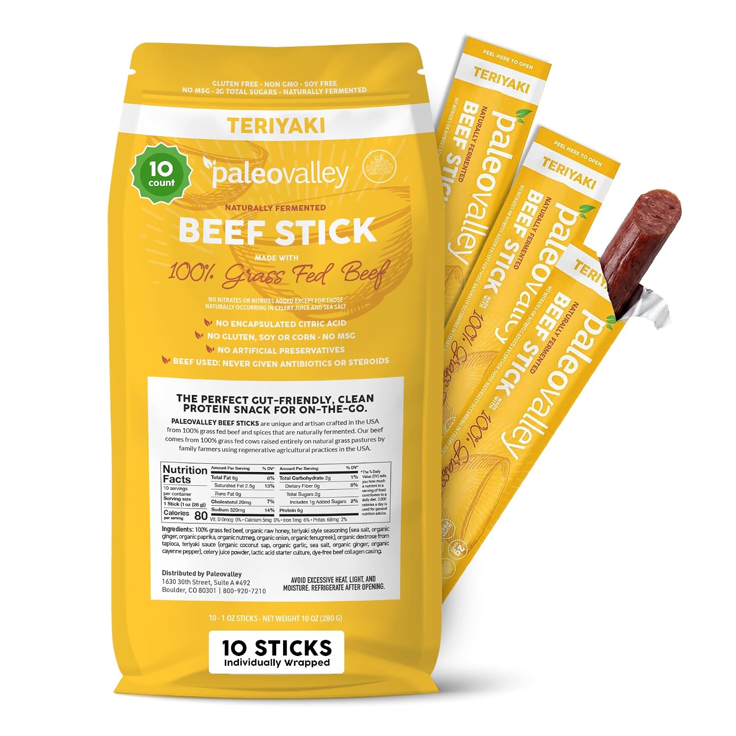 Paleovalley 100% Grass Fed Beef Sticks, Protein Snacks, Original | 10 Count, Individually Wrapped, Naturally Fermented, Gluten Free, Keto and Paleo, Made With Simple Ingredients, 6g Protein