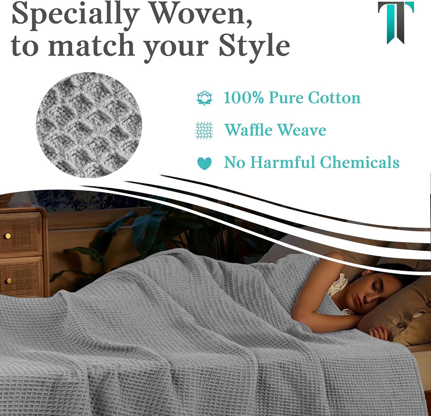 Tex Trend 100% Cotton Waffle Weave Blanket Queen Size - Soft, Breathable Cooling Blanket for Bed, Lightweight Cozy Summer & Spring Bedding, Grey, 90x90