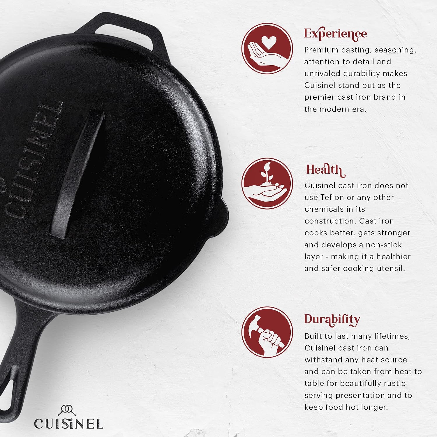 Cast Iron Skillet - 10"-Inch Frying Pan with Pour Spouts + Pan Scraper + Silicone Grip Handle Cover Holder - Pre-Seasoned Oven Cookware - Indoor/Outdoor Use - Stovetop, Induction. PFAS and PFOA-free