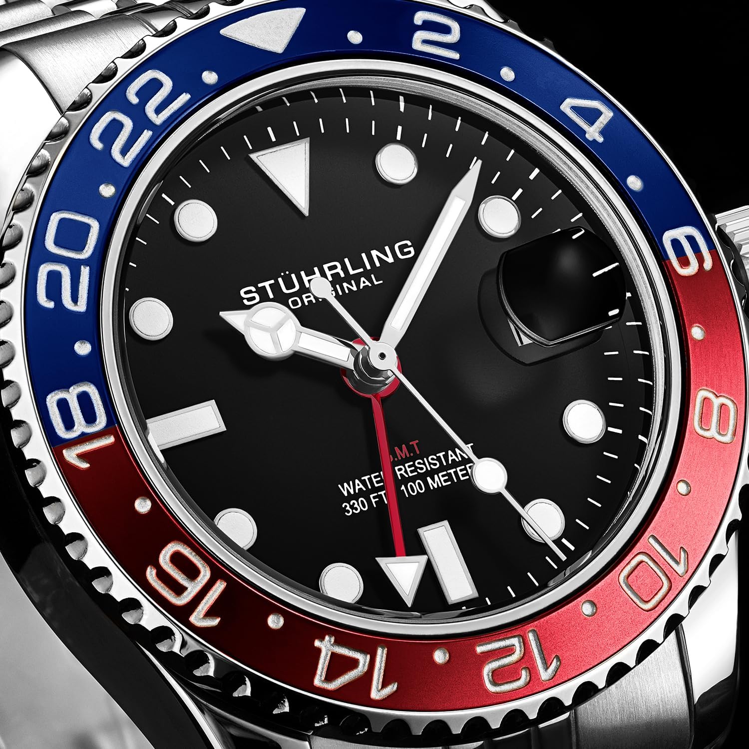 Stuhrling Original Men's Stainless Steel Jubilee Bracelet GMT Watch Quartz - 42mm Quartz Analog Wrist Watch for Men, Mens Quartz Watch, Stainless Steel Case, Casual Work Watch, Water Resistant Watch