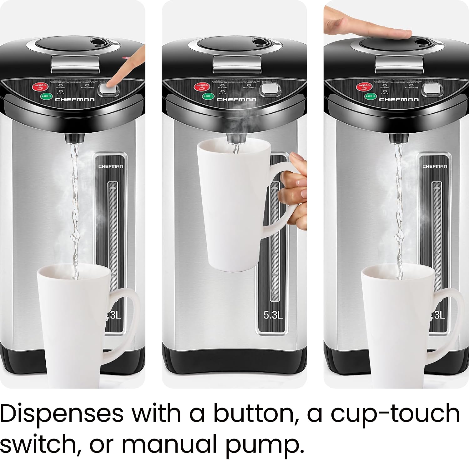 Chefman Electric Hot Water Pot Urn w/Auto & Manual Dispense Buttons, Safety Lock, Instant Heating for Coffee & Tea, Auto-Shutoff & Boil Dry Protection