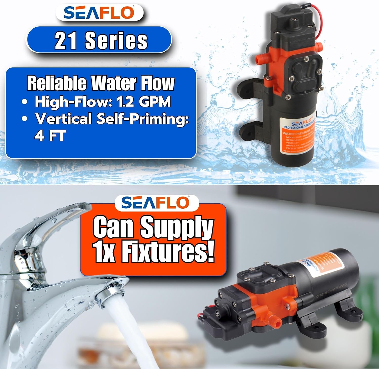 SEAFLO 55 Series 12V RV Water Pump 5.5 GPM 60 PSI Diaphragm Pump Heavy Duty Pressure Switch Built In Bypass Self Priming Quiet High Flow RV Marine Off Grid Freshwater System 4-Year Warranty