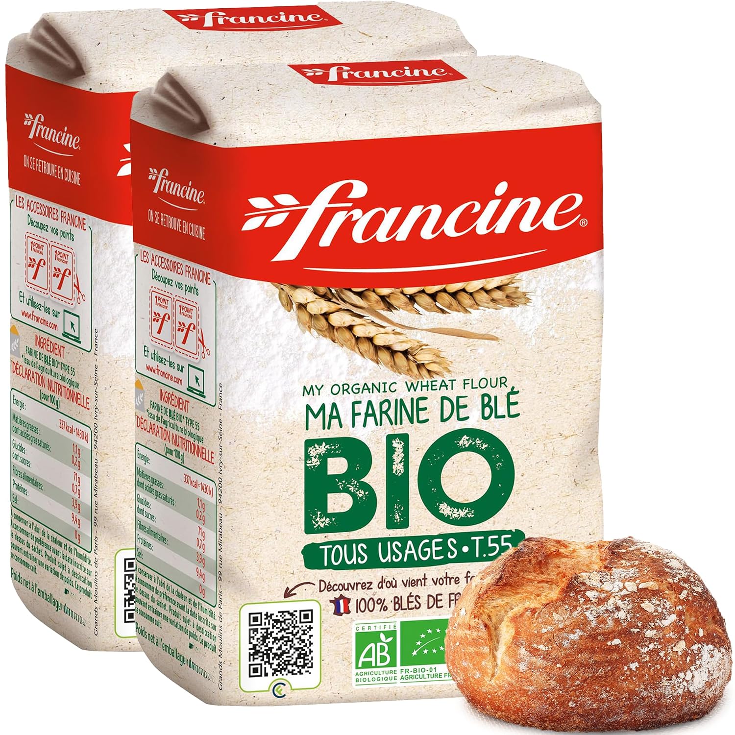 Francine Organic T55 All-Purpose French Flour, EU Certified, 2.2lb (2-Pack)