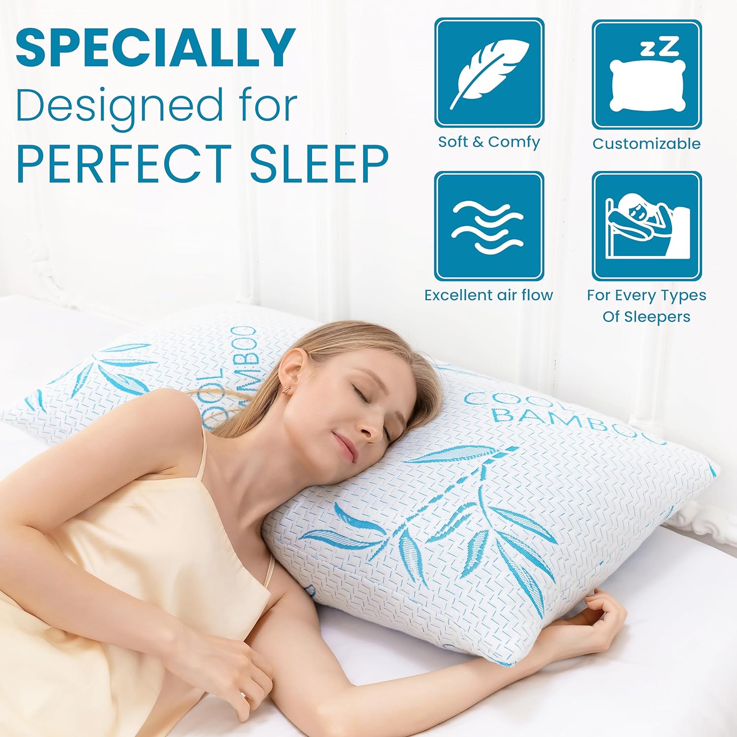 ComfySleep Queen Size 2 Pack Rayon Made from Bamboo Pillows for Sleeping, Cooling Shredded Memory Foam Adjustable Bed Pillow with