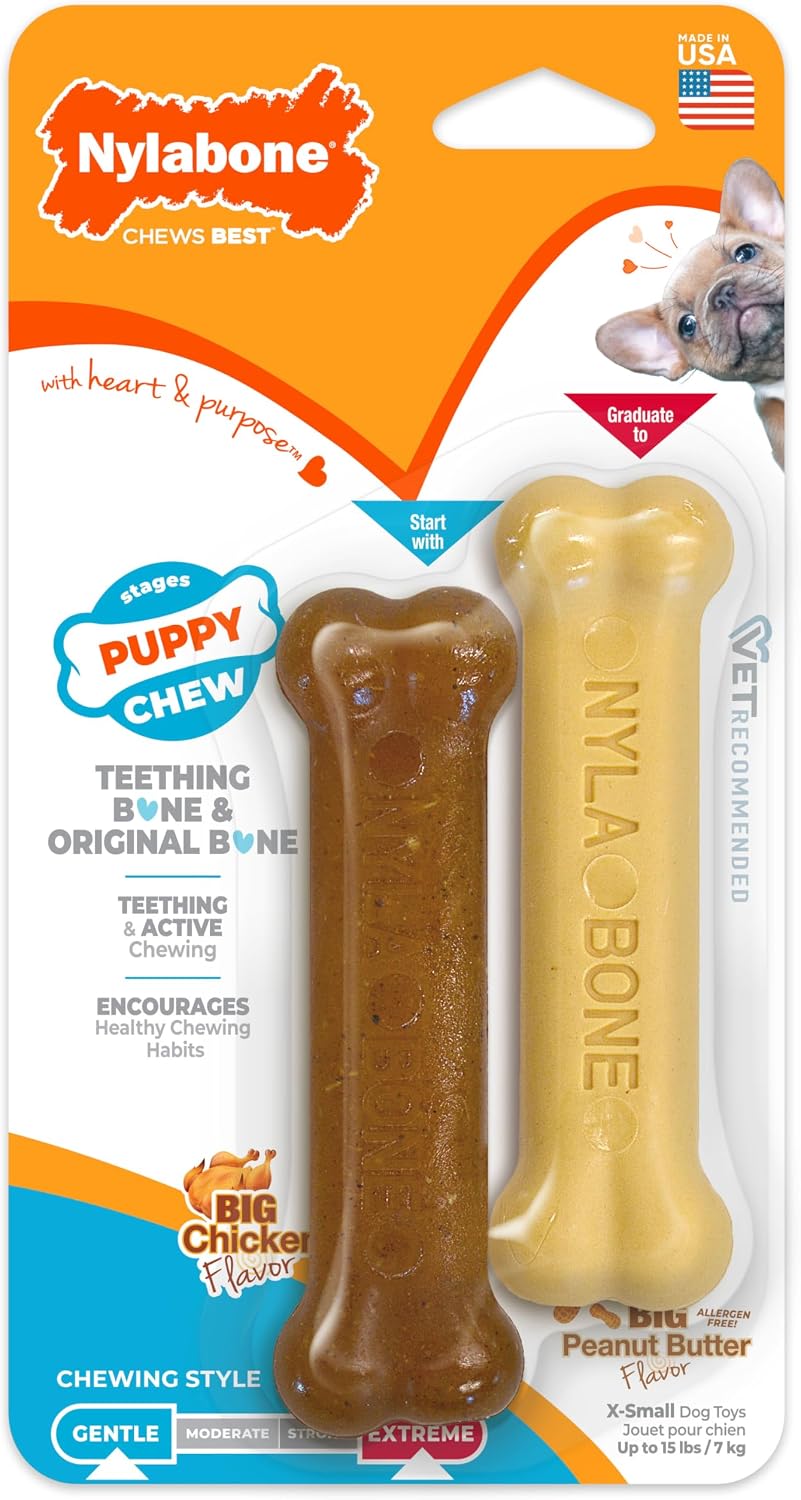 Nylabone Puppy Chew Teething Ring Bone Dog Toy, Chicken Flavor, X-Small | Soothing teething toys for puppies, puppy enrichment, & teething relief, freezable for added comfort, dogs up to 15 lbs