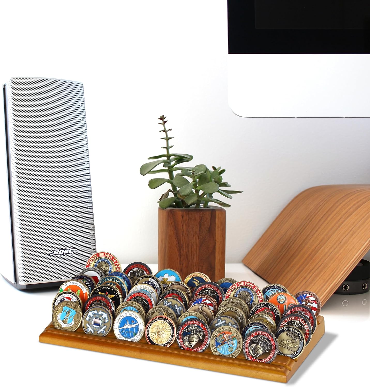 DisplayGifts Challenge Coin Display Stand 4 Row Wooden Holder Rack Case Holds 28 Coins Walnut Finish