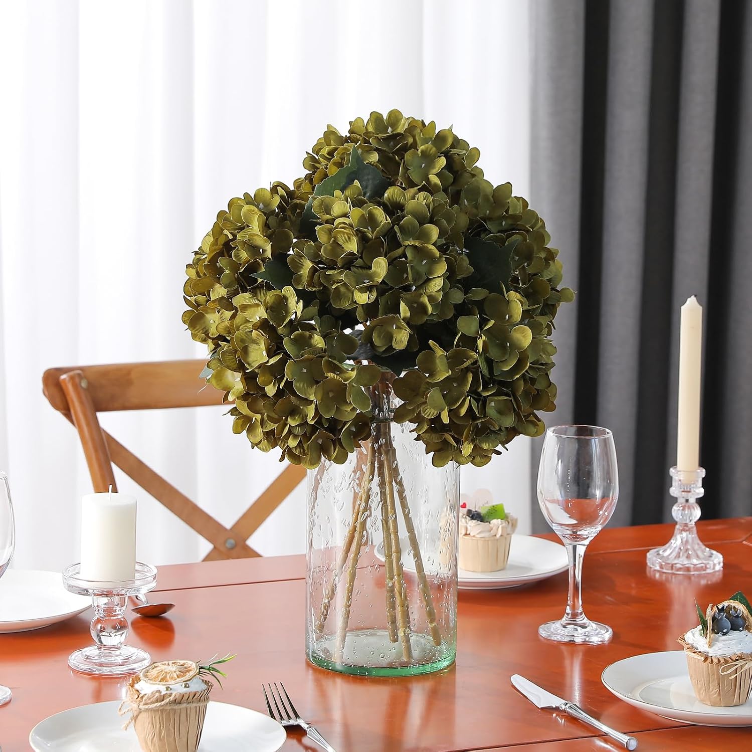 Kisflower 6pcs White Hydrangea Artificial Flowers - Faux Hydrangea Flowers, Fake Silk Flowers for Table Centerpiece