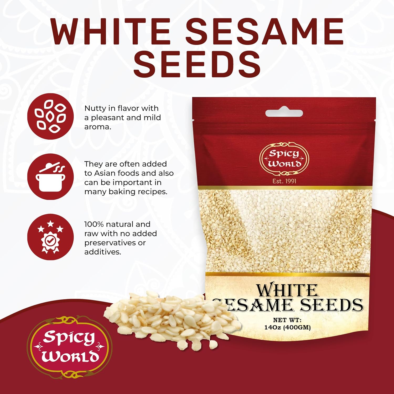 Spicy World White Sesame Seeds 3 LB Bag - Natural, Raw, Hulled, Non-GMO, Bulk Resealable Bag
