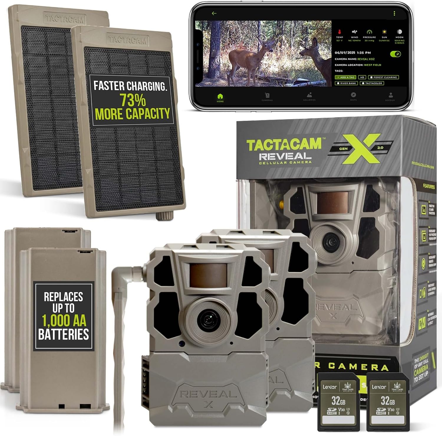 TACTACAM Reveal X Gen 2.0 LTE Cellular Trail Camera + Solar Panel + Lipo Lithium Battery Pack + 32GB SD Card (2 PK)