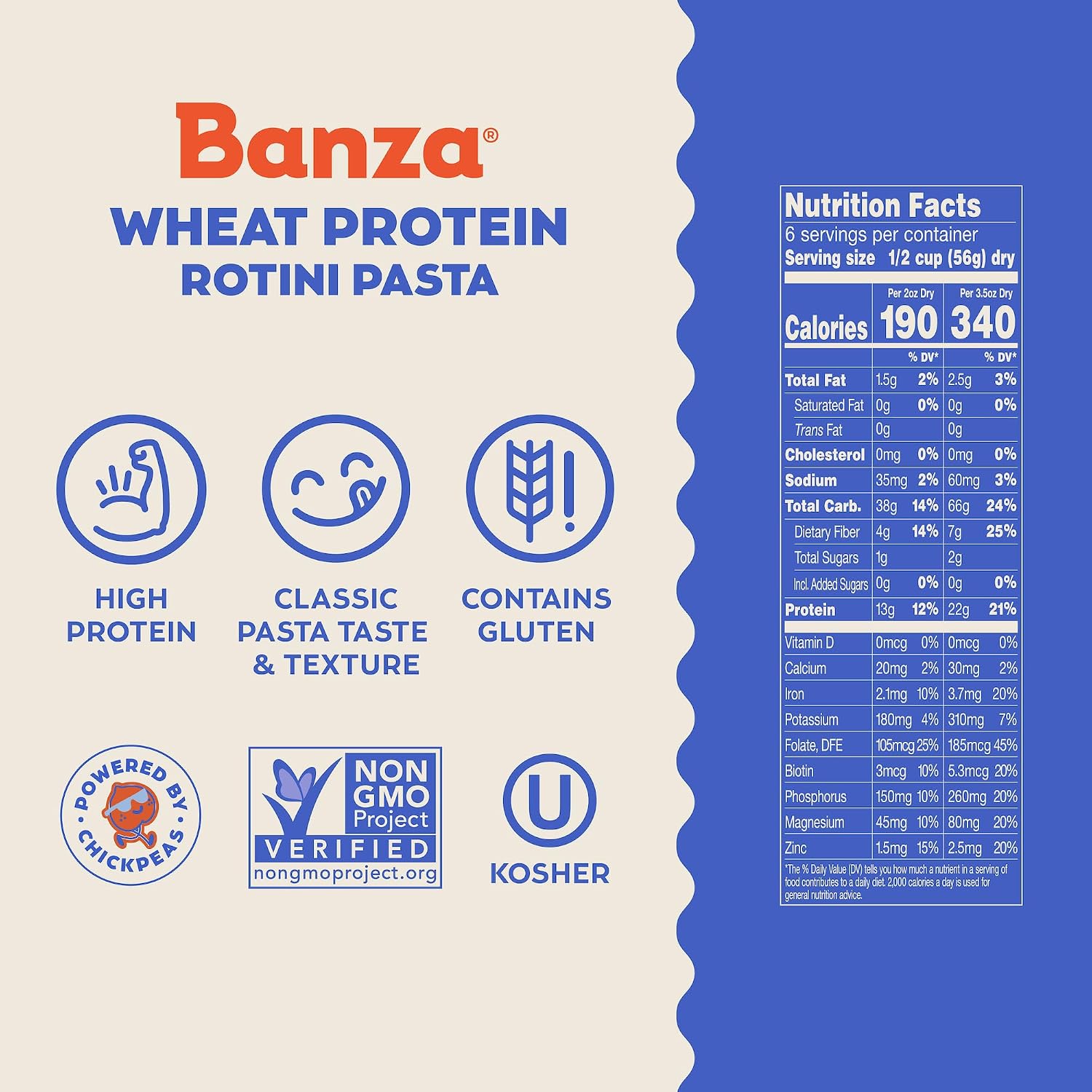 Banza Rotini Protein Pasta Made from Wheat + Chickpeas - 6-Pack, 12 oz Box - High Protein 22g, Classic Taste & Texture, Non-GMO, Kosher, Plant-Based