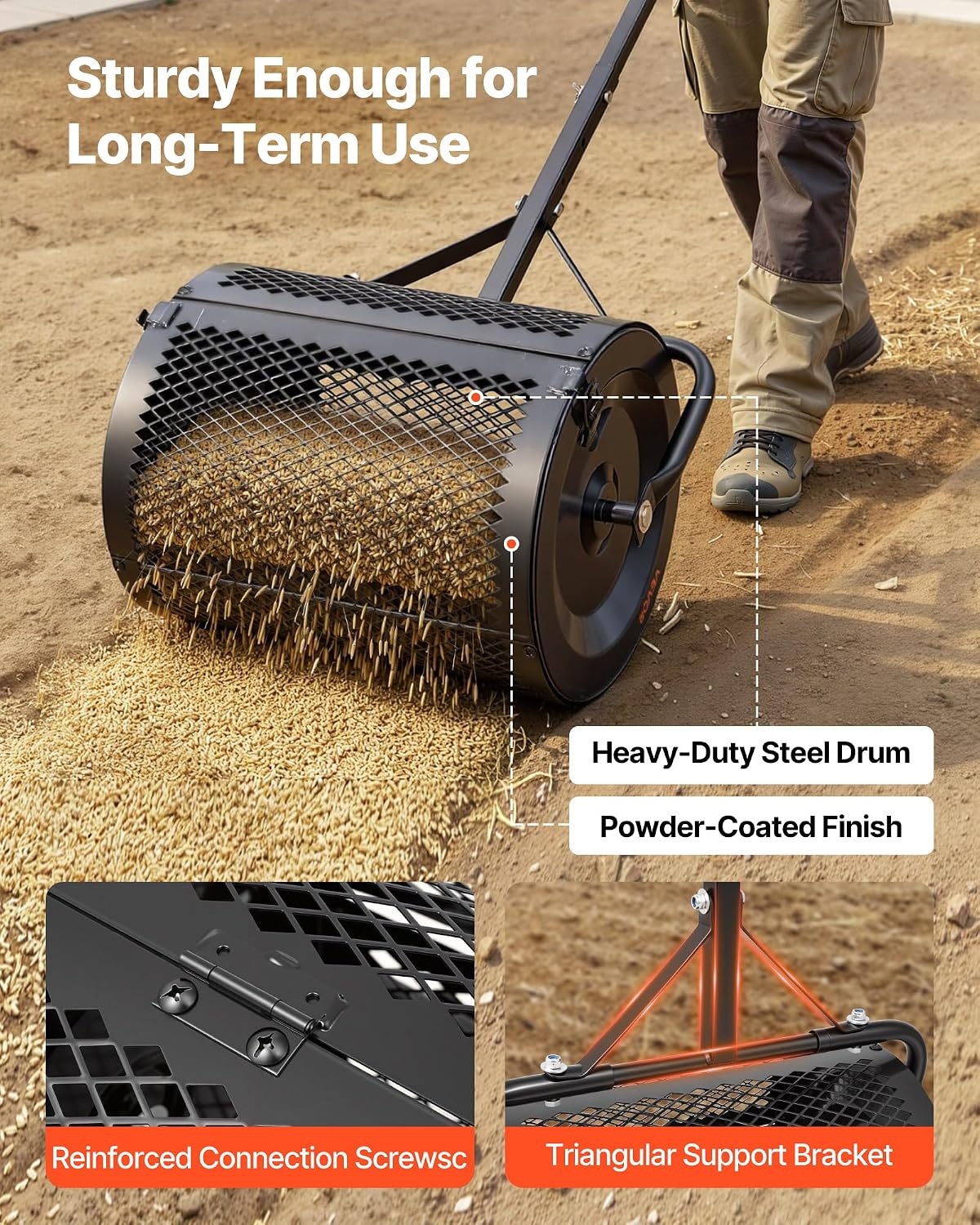 VEVOR Compost Spreader, 36" Wide Peat Moss Spreader with Push/Tow Handle, 4 Heights Adjustable, Powder-Coated Steel Garden Peat Moss Roller, Heavy Duty Grass Seed Roller for Planting Seeding, Black