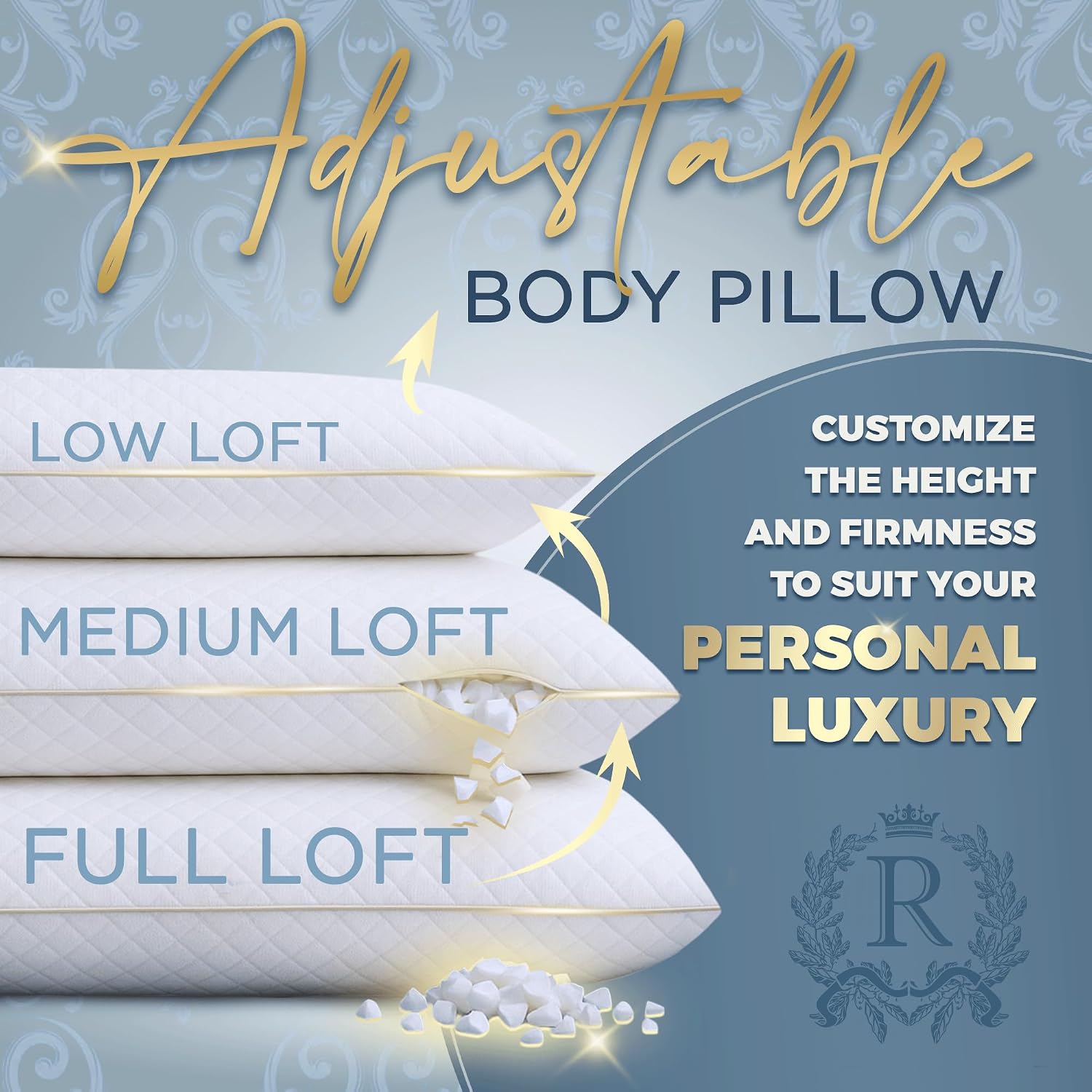 Royal Therapy Queen Size Set of 2-Shredded Memory Foam Pillow–Adjustable Memory Foam Pillow for Sleeping, Firm Pillow for Neck & Shoulder Support